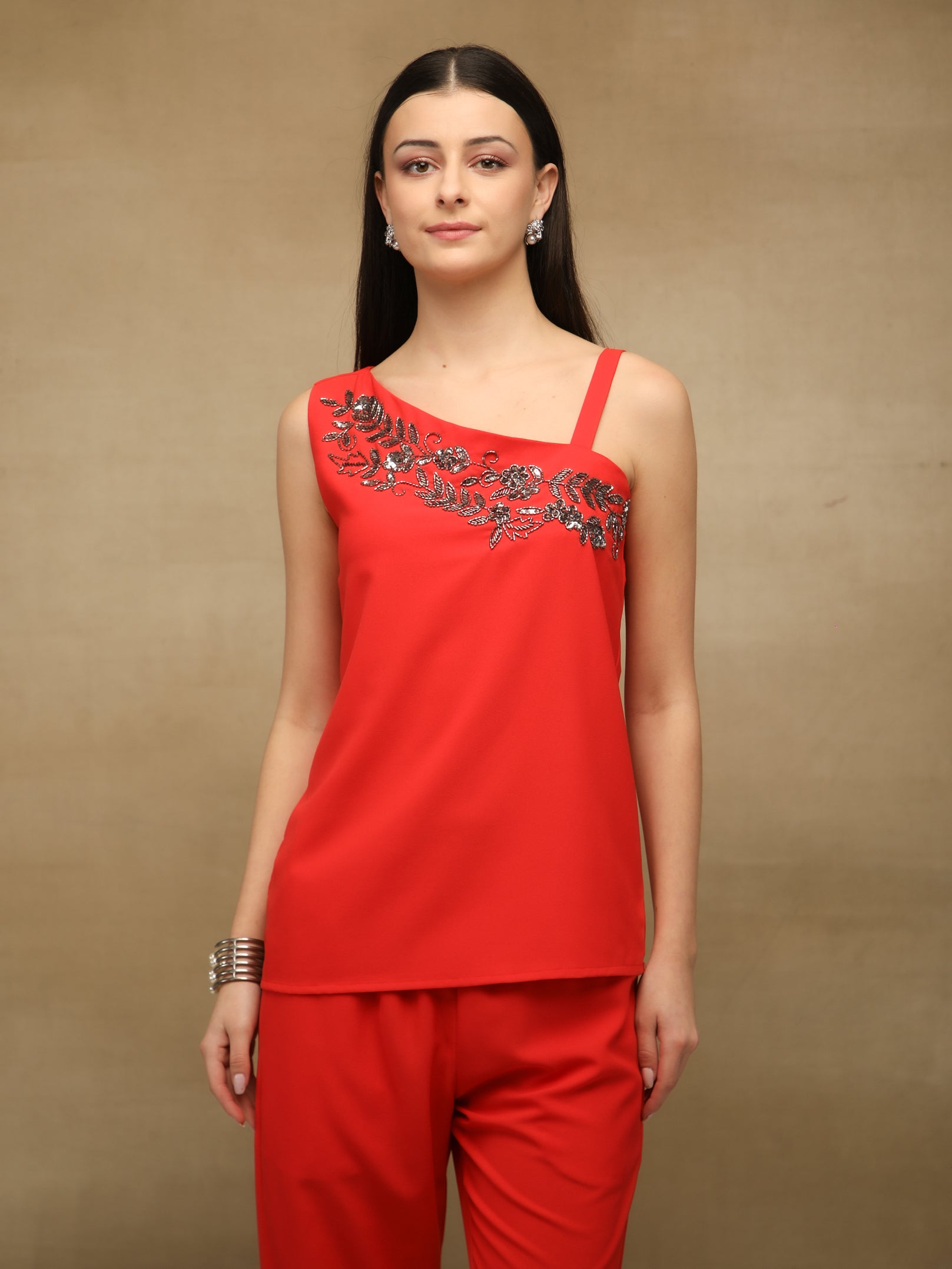 Sequins Asymmetric Red Co-ord Set