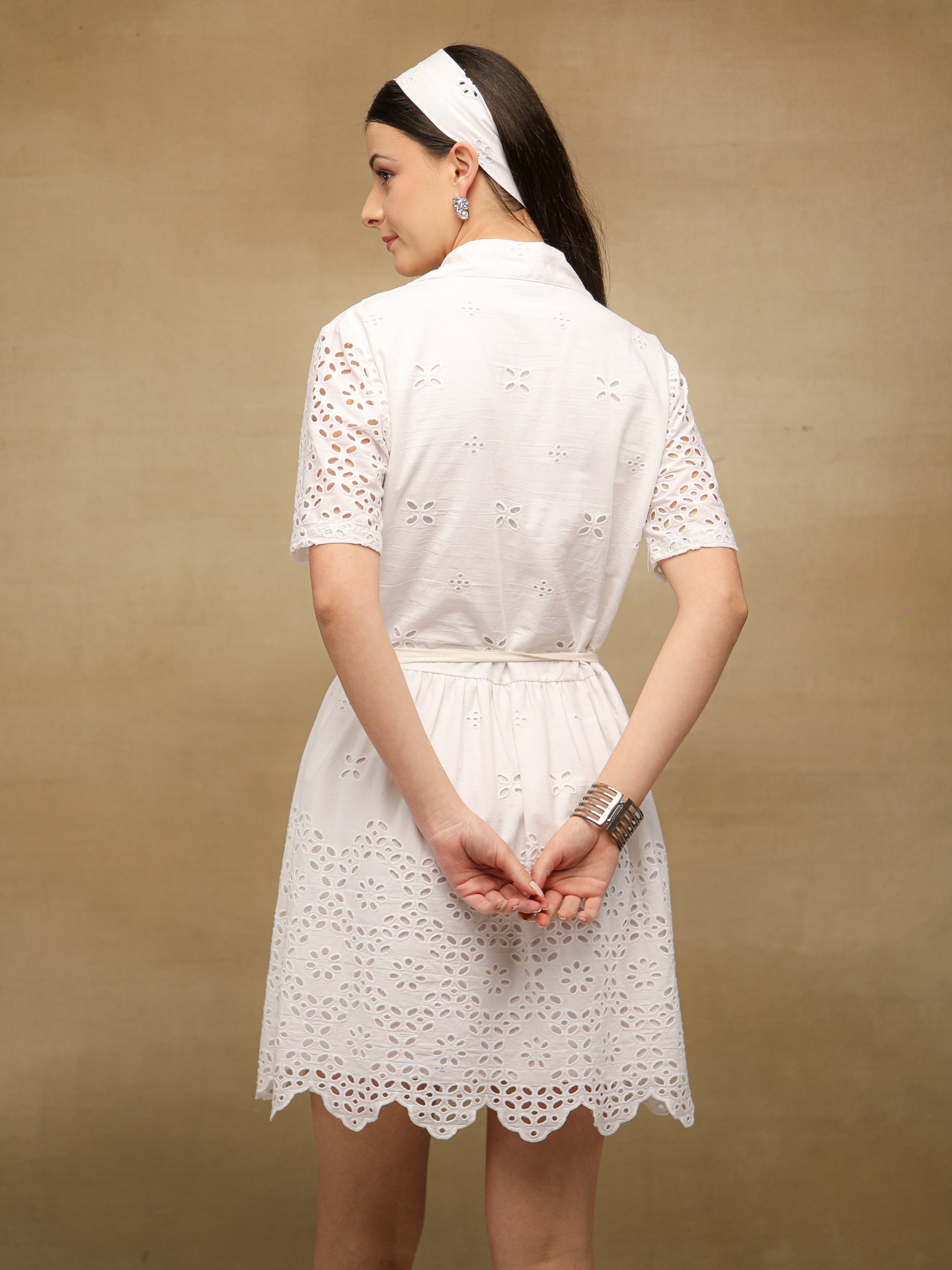 White Schiffli Flare Short Dress