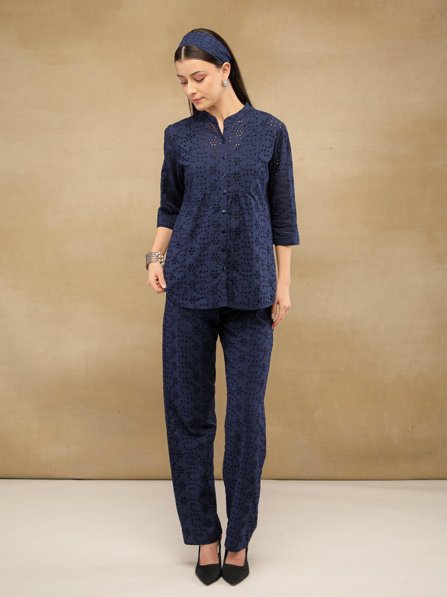 Navy Blue Schiffli Co-ord Set