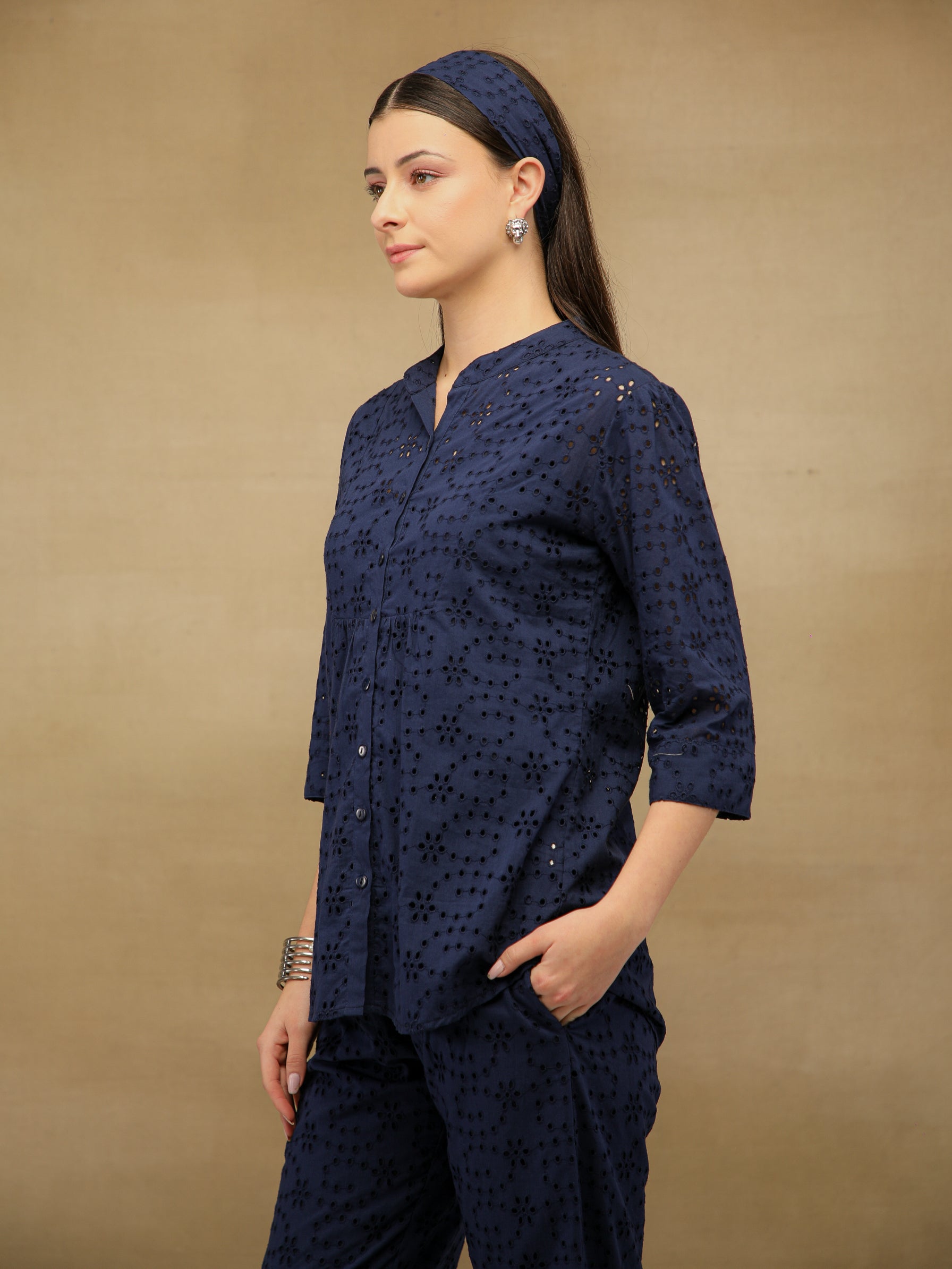 Navy Blue Schiffli Co-ord Set
