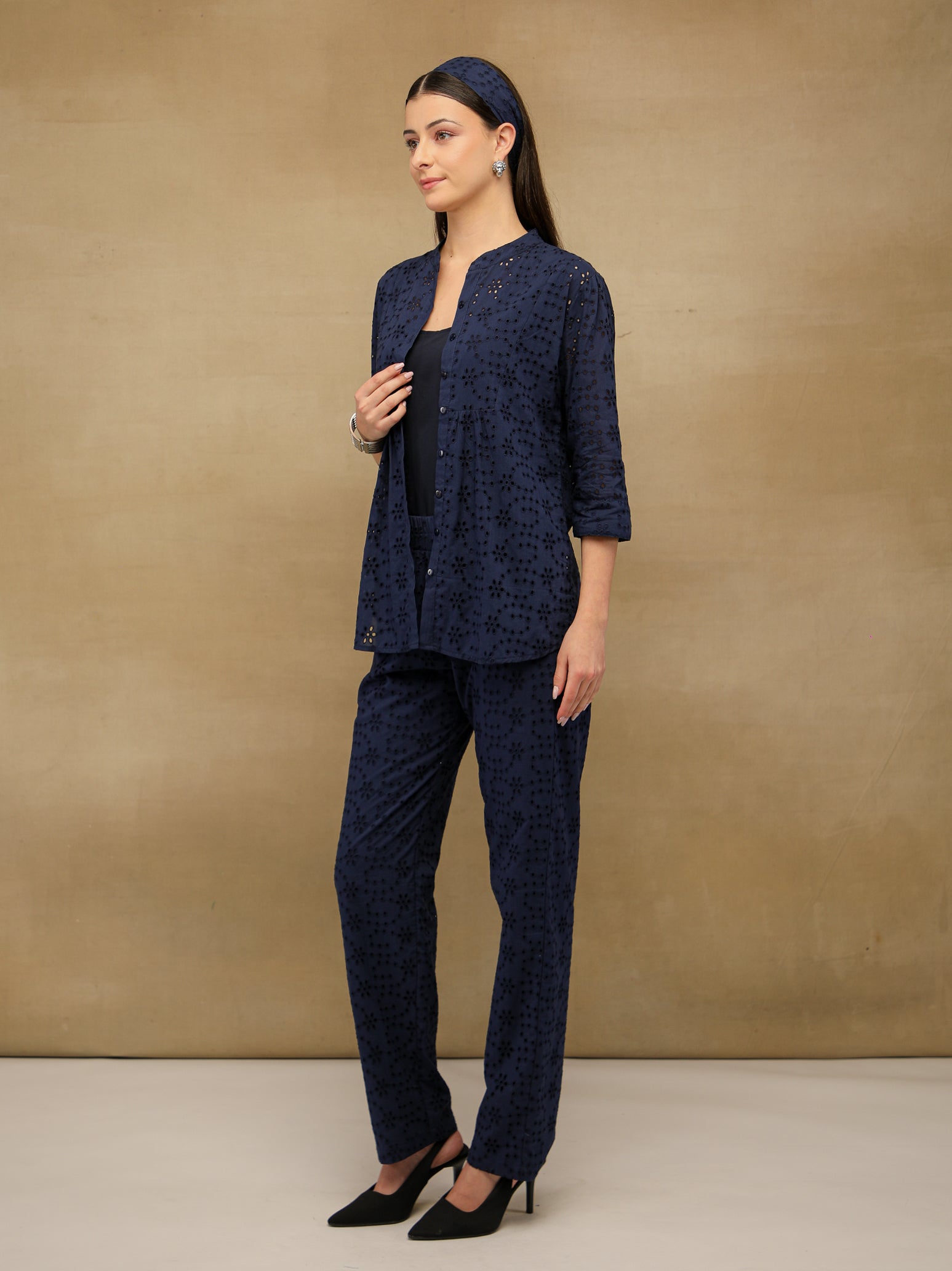 Navy Blue Schiffli Co-ord Set