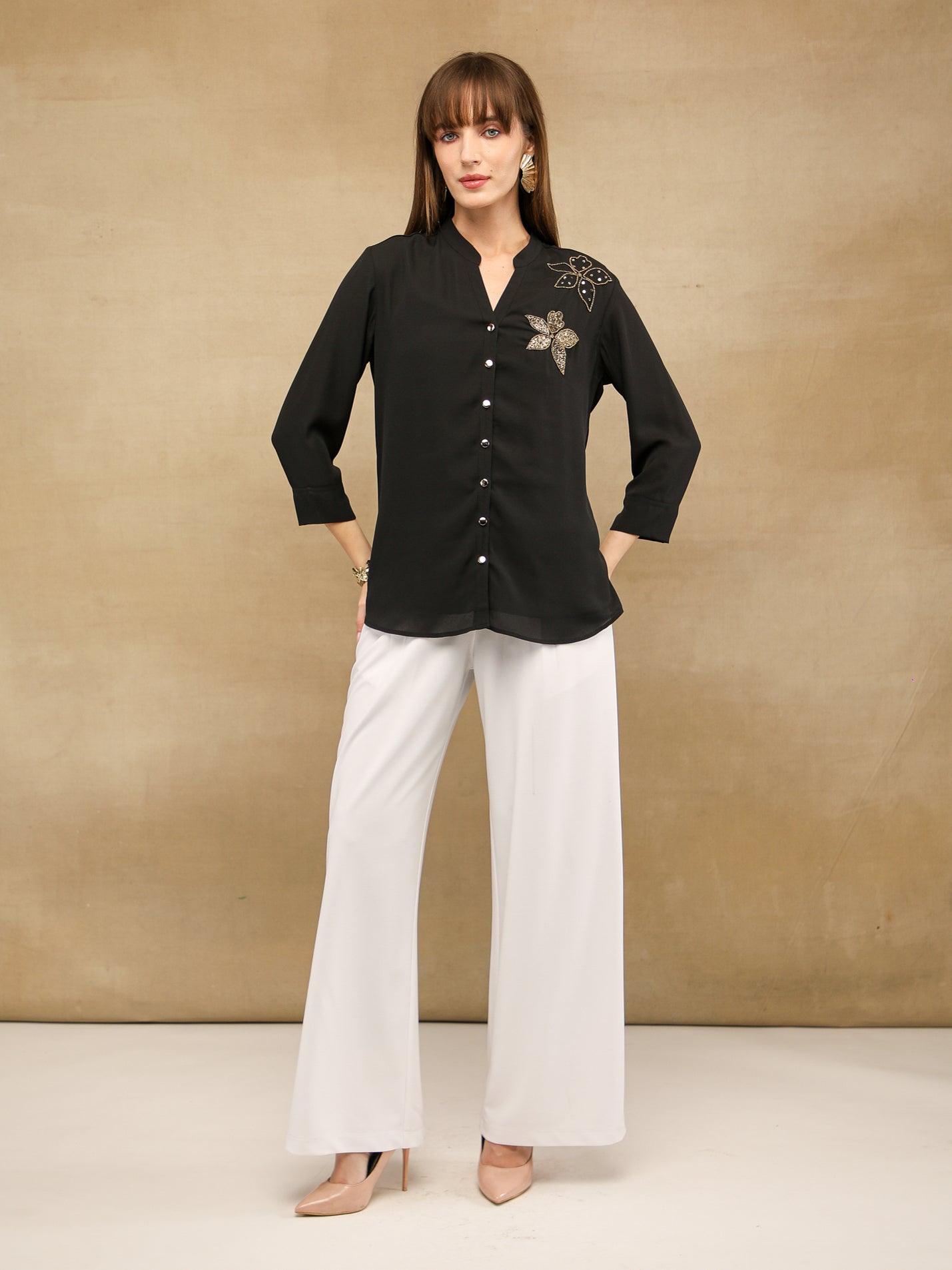 Dual Floral Sequins Black Shirt