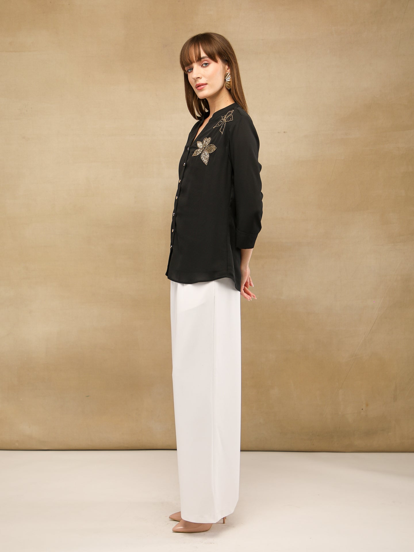 Dual Floral Sequins Black Shirt