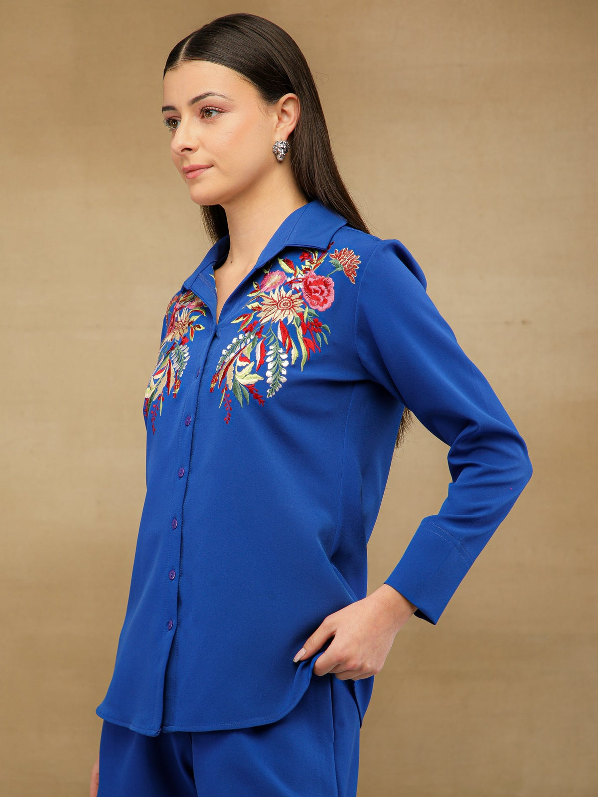 Floral Embroidery Royal Blue Shirt