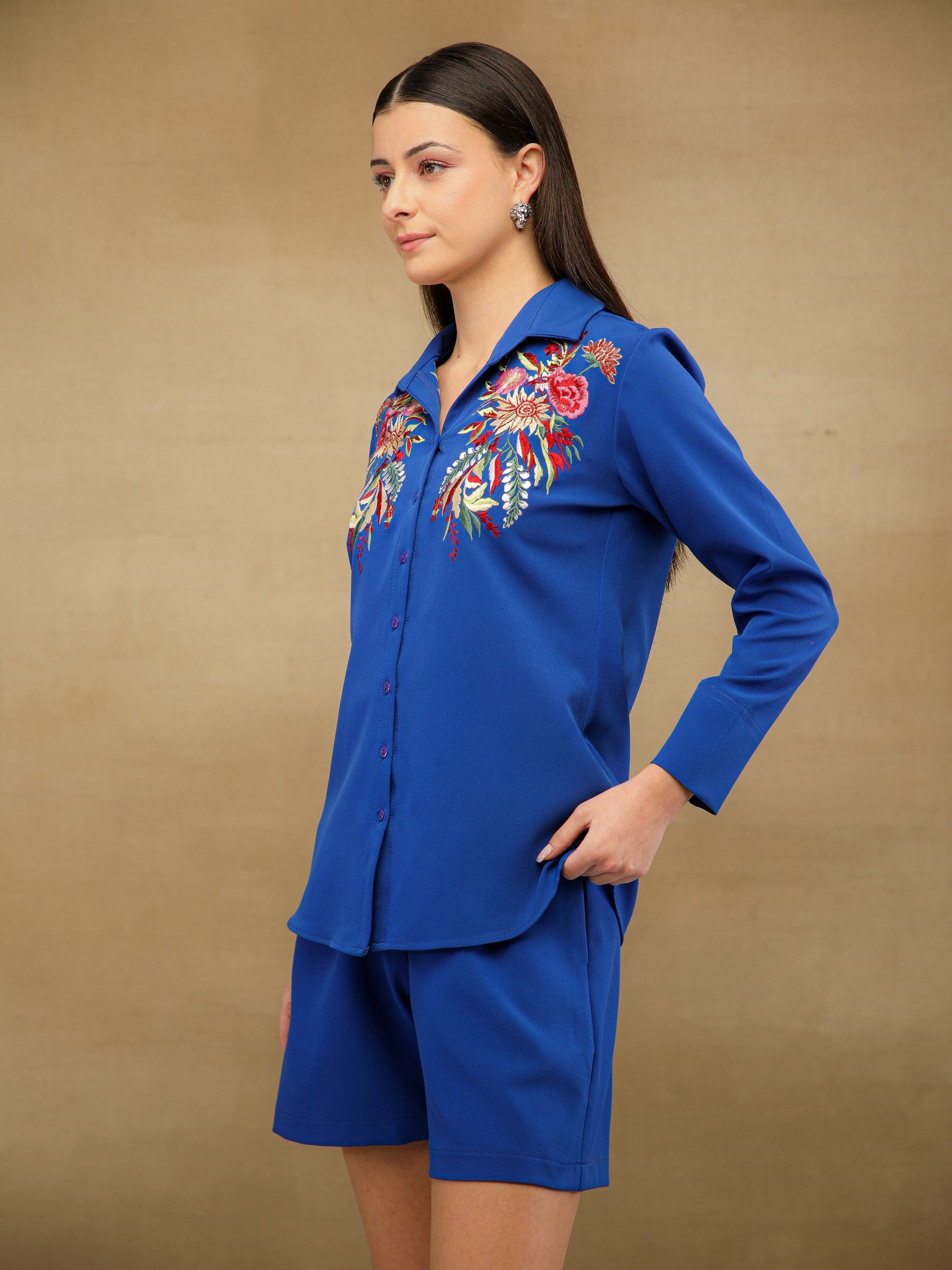 Floral Embroidery Royal Blue Shirt