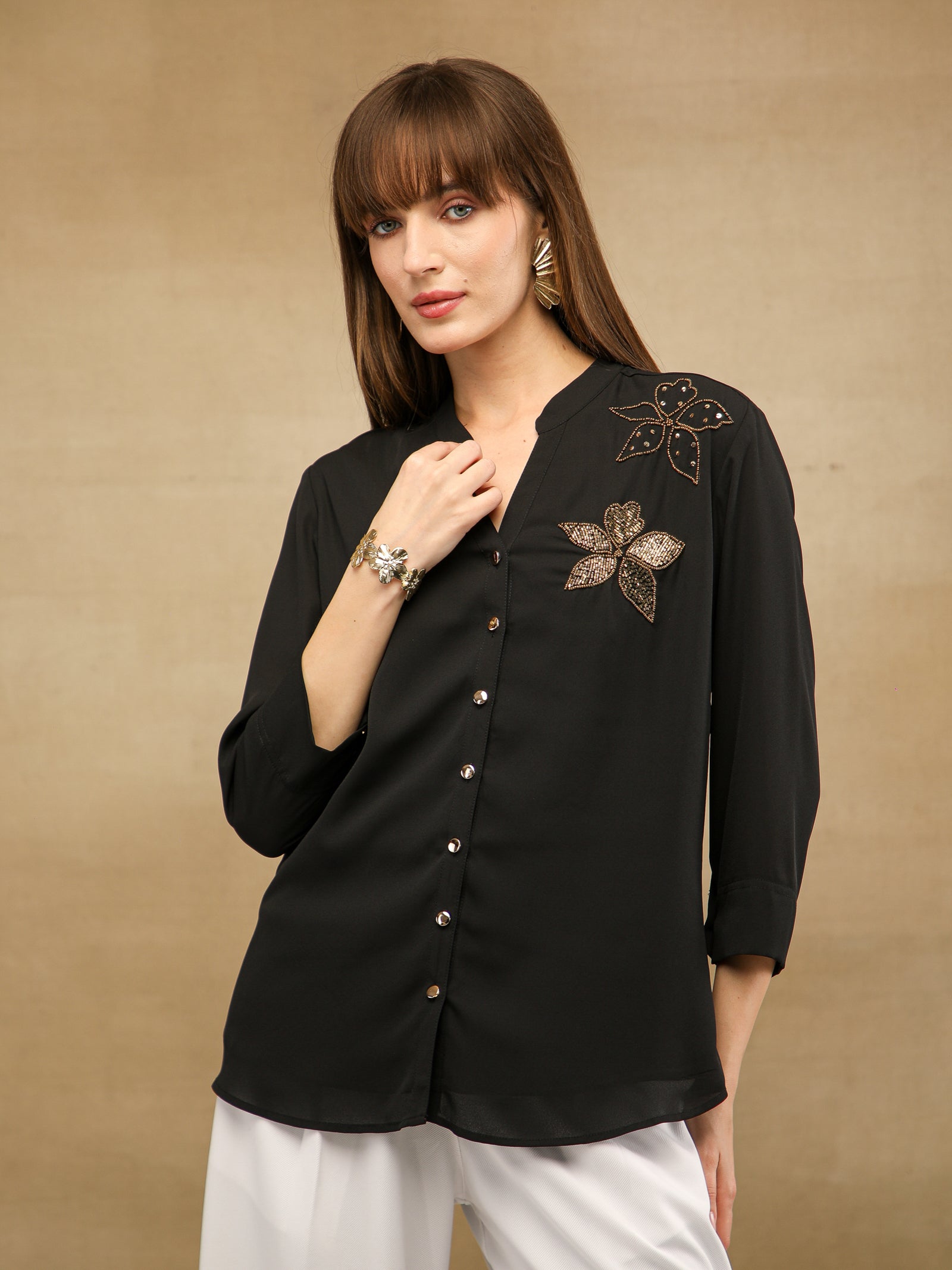 Dual Floral Sequins Black Shirt