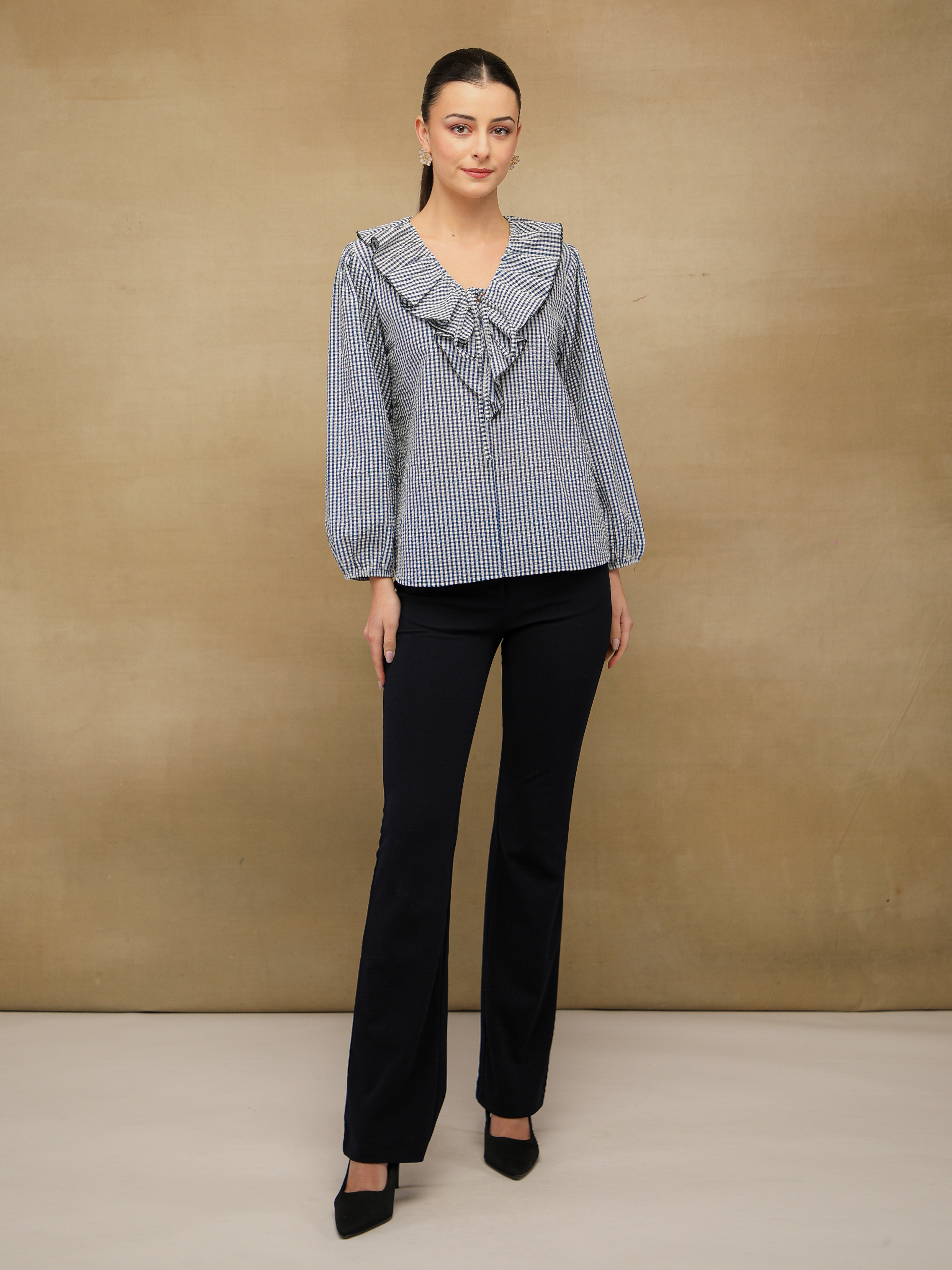 Ghingham Check Front Frill Navy Top