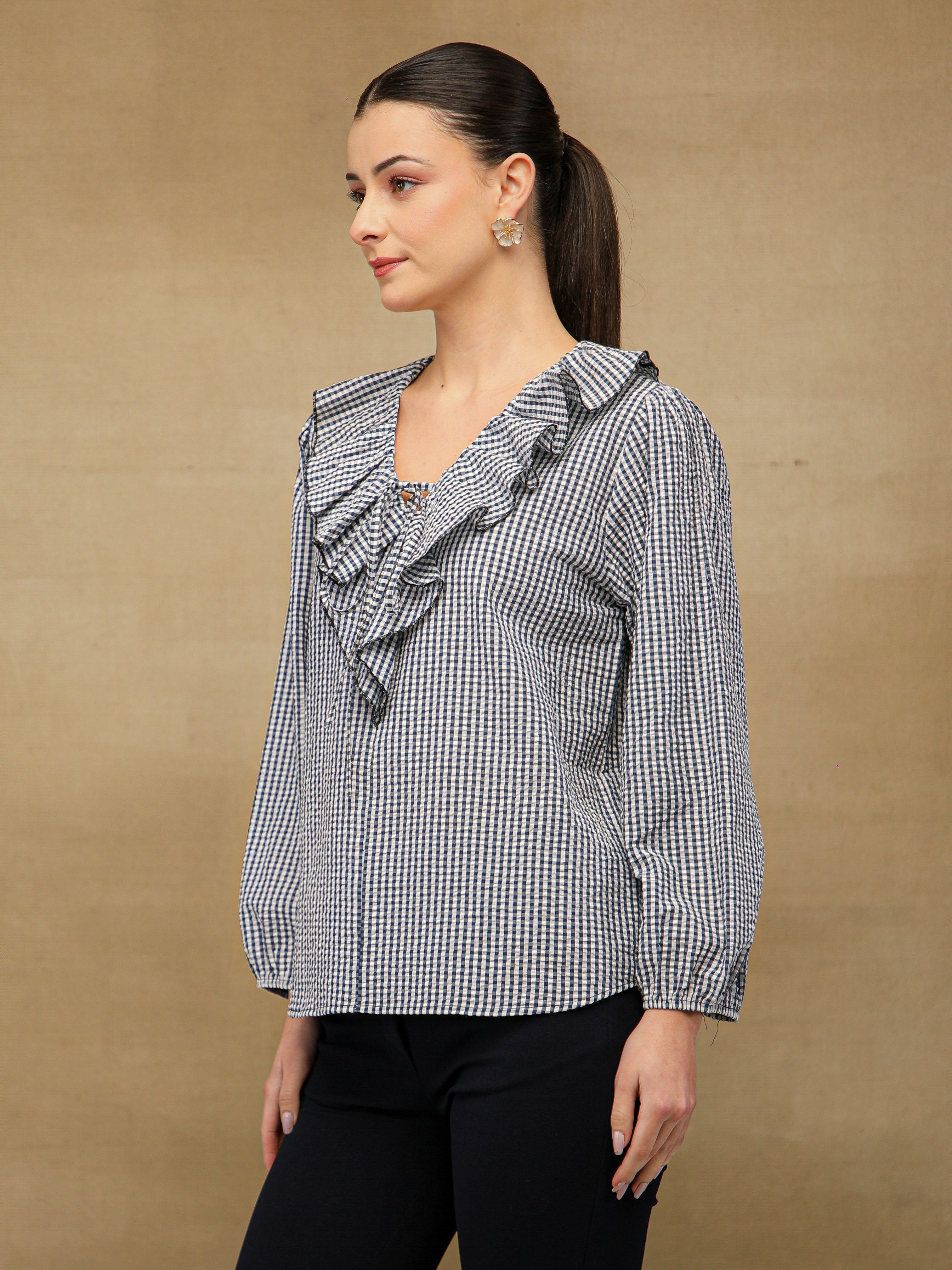 Ghingham Check Front Frill Navy Top