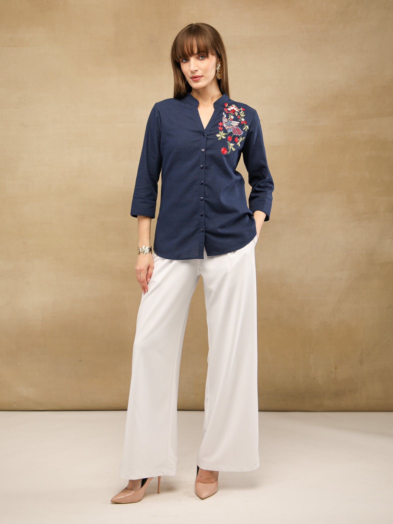 Linen Bird Embroidered Navy Shirt