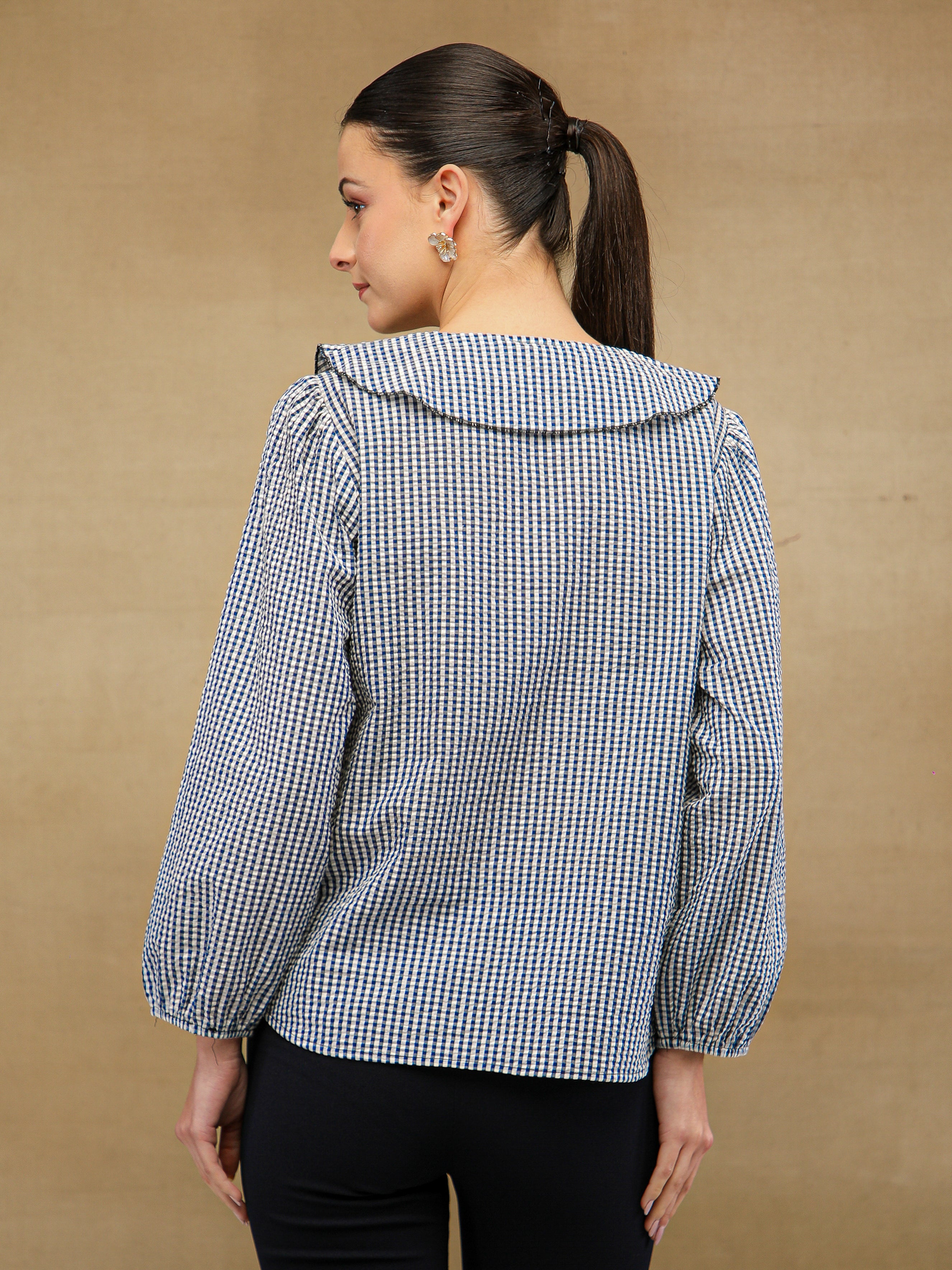 Ghingham Check Front Frill Navy Top