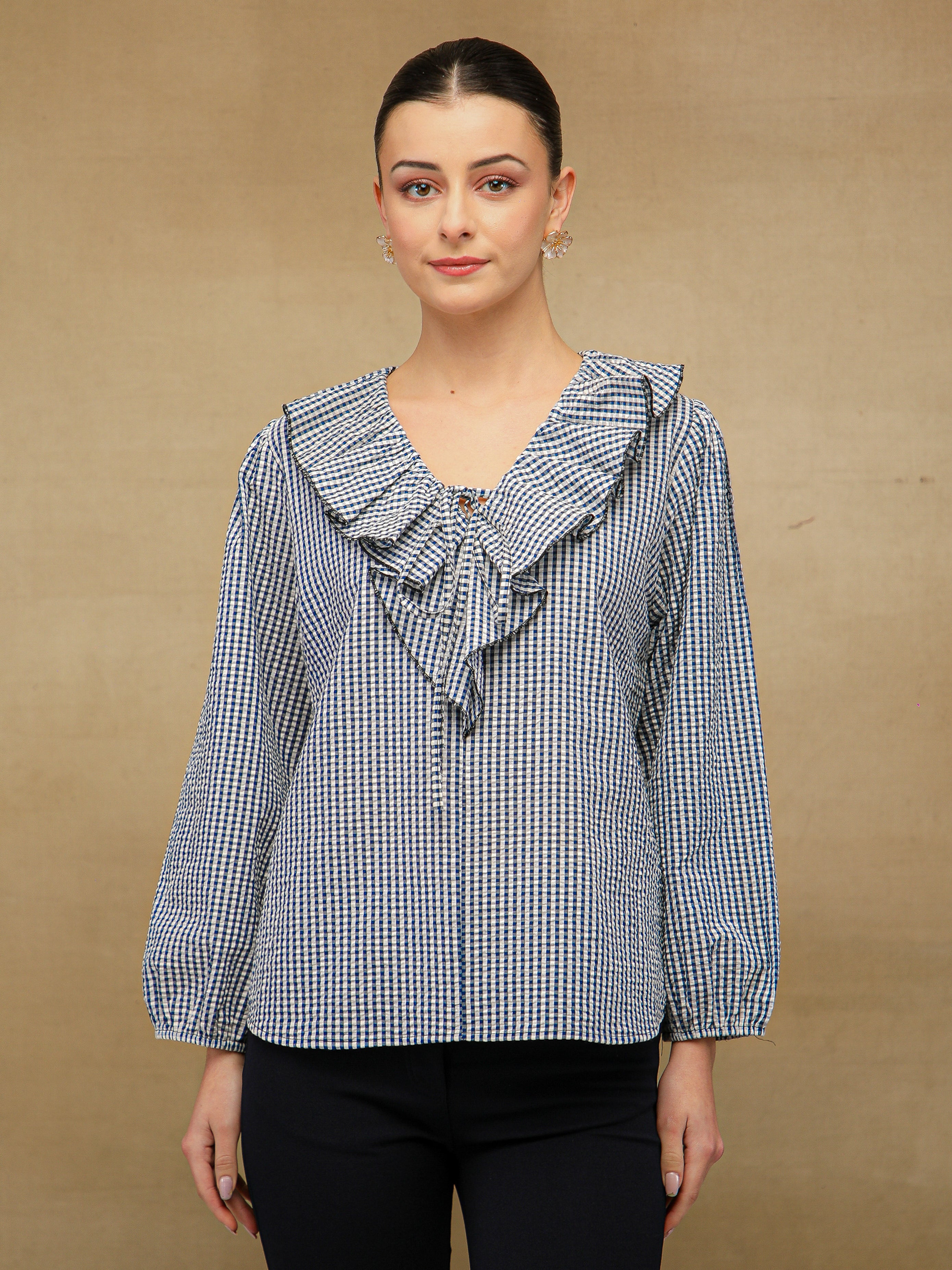Ghingham Check Front Frill Navy Top