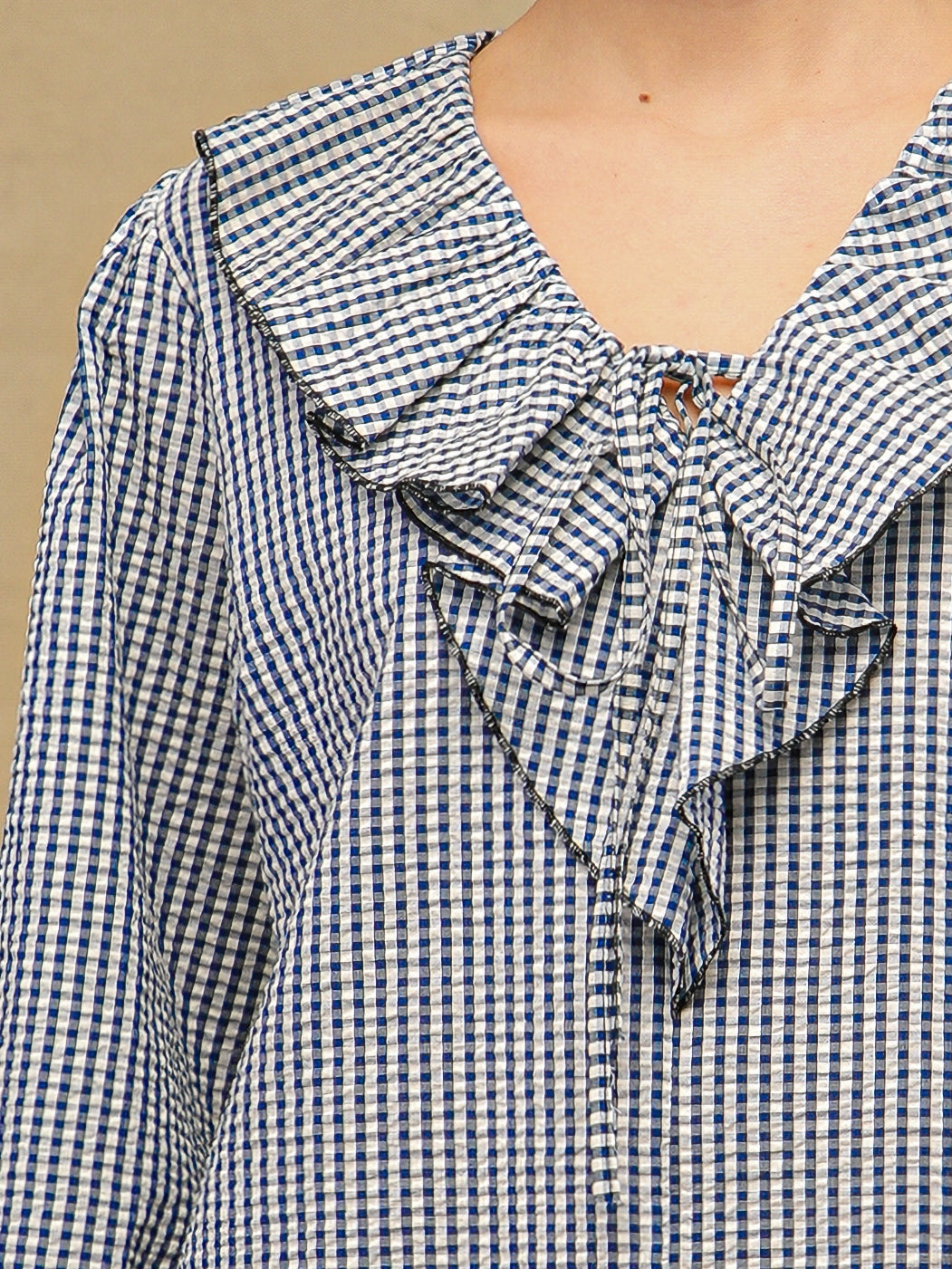 Ghingham Check Front Frill Navy Top