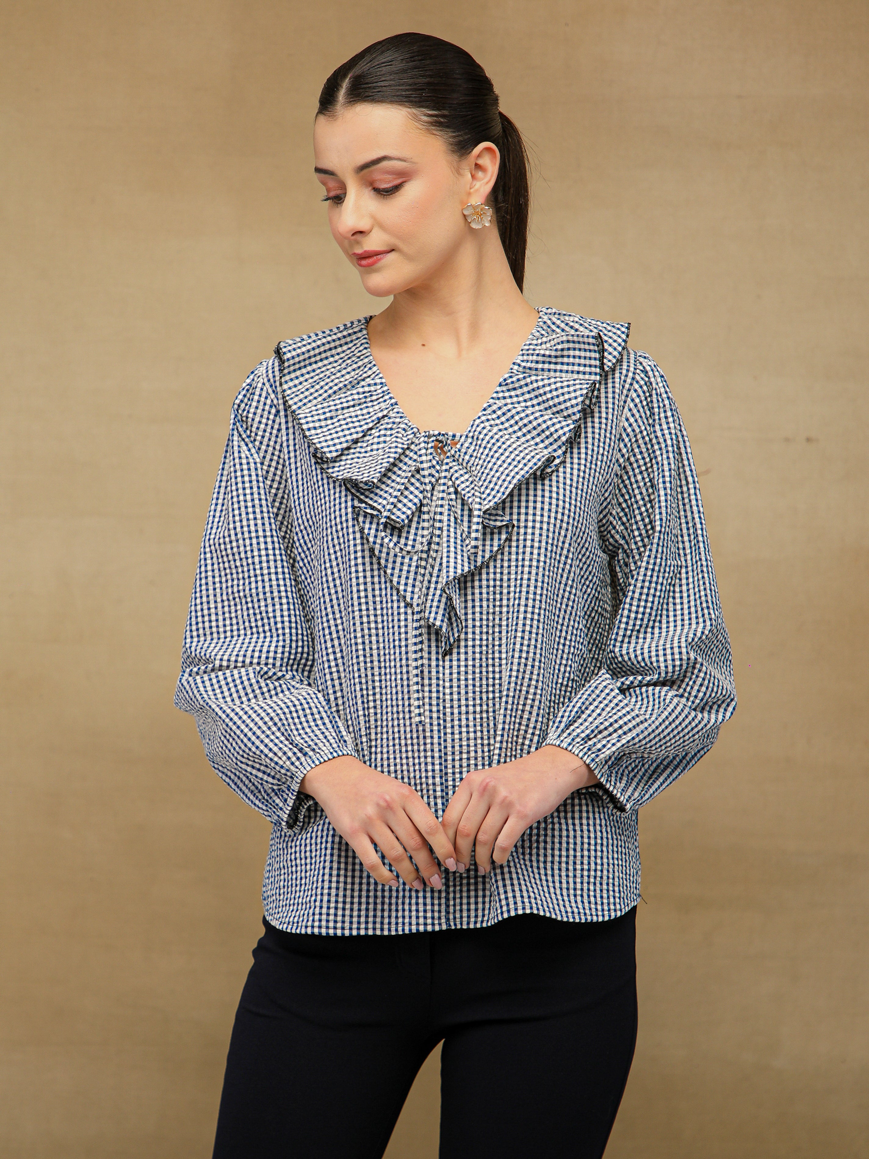 Ghingham Check Front Frill Navy Top