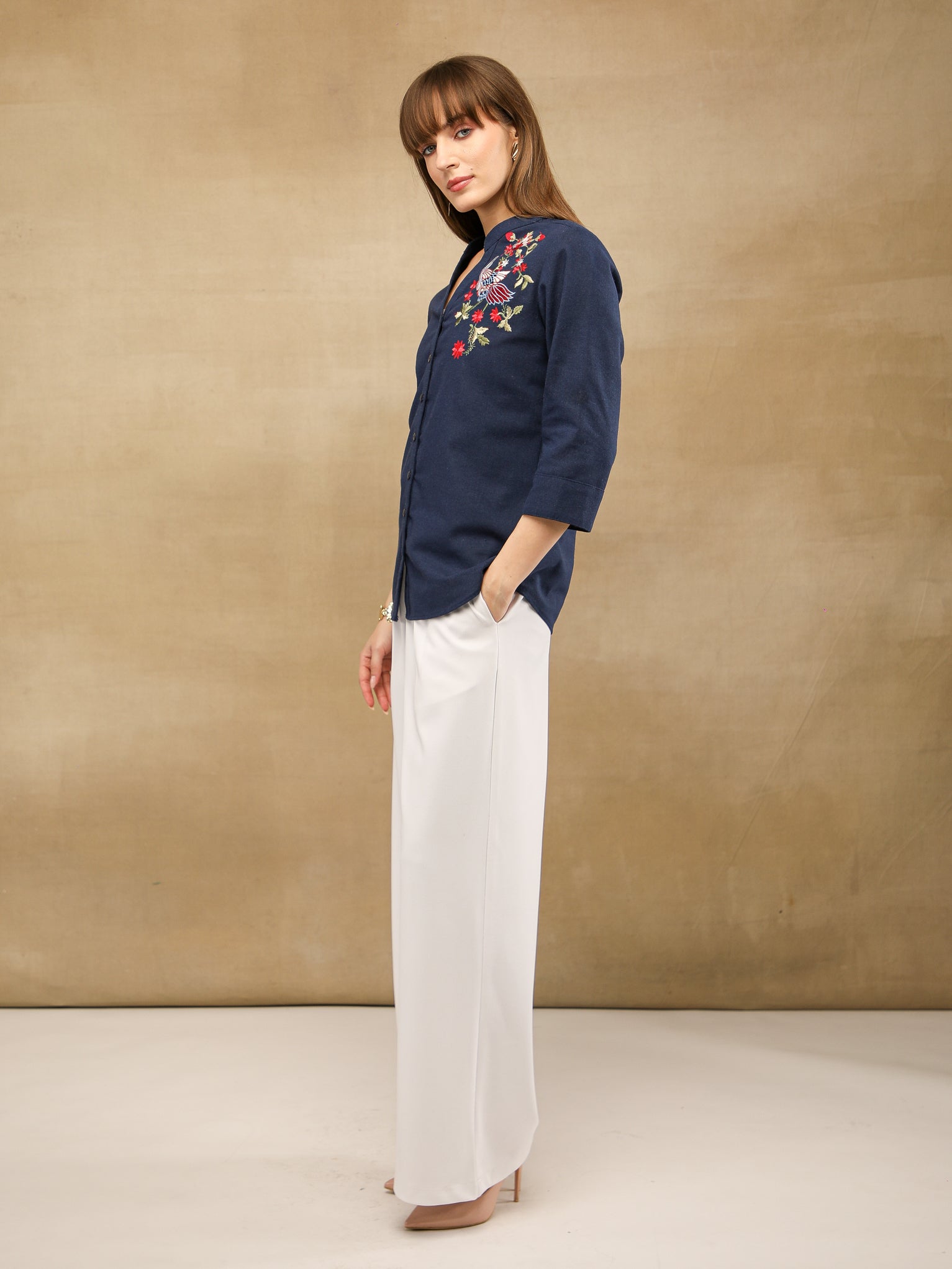 Linen Bird Embroidered Navy Shirt