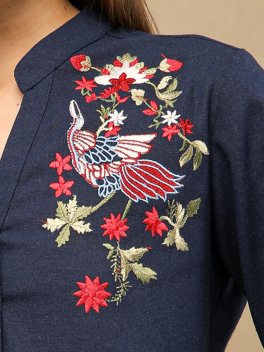 Linen Bird Embroidered Navy Shirt