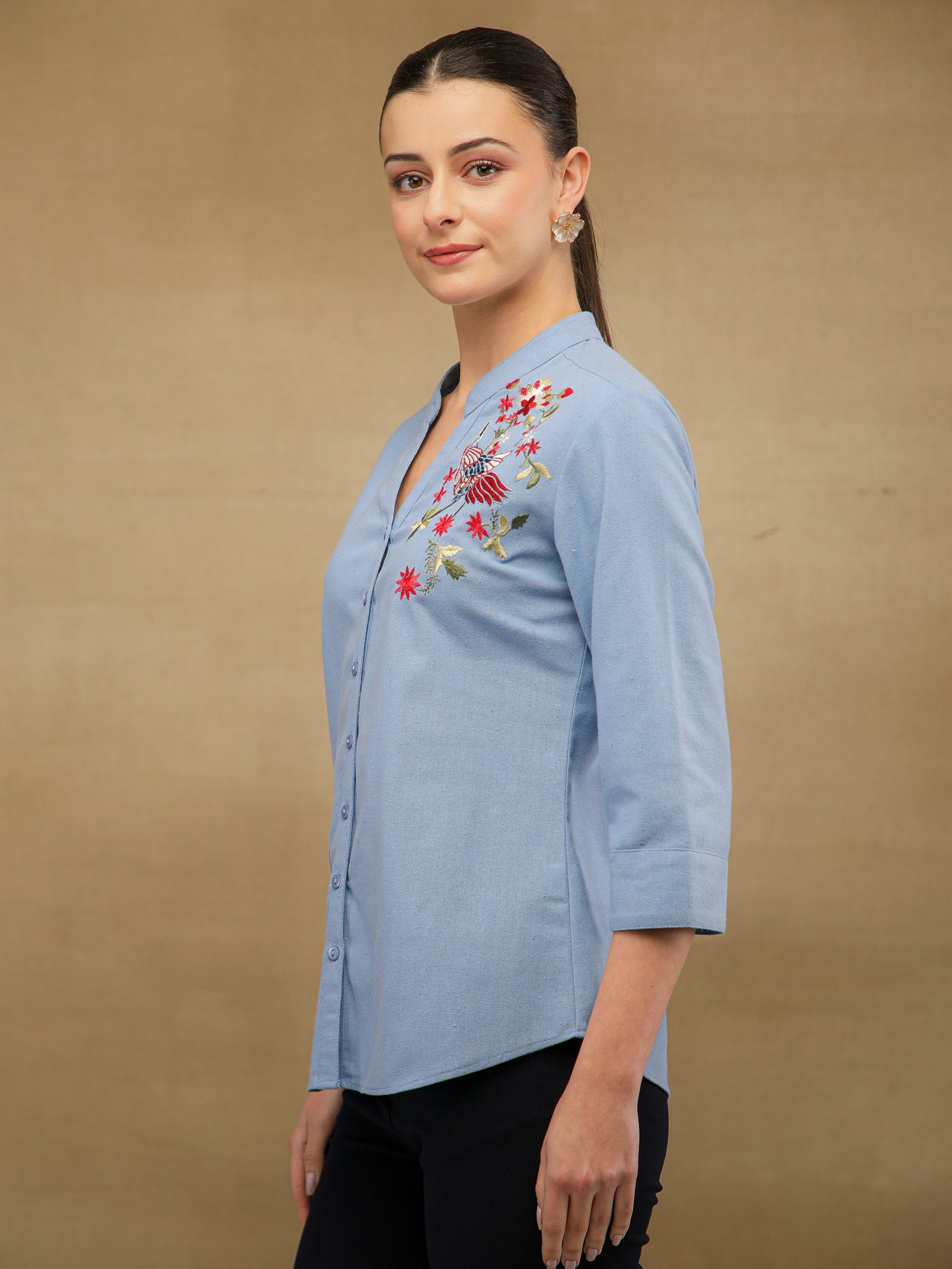 Linen Bird Embroidered Aqua Shirt