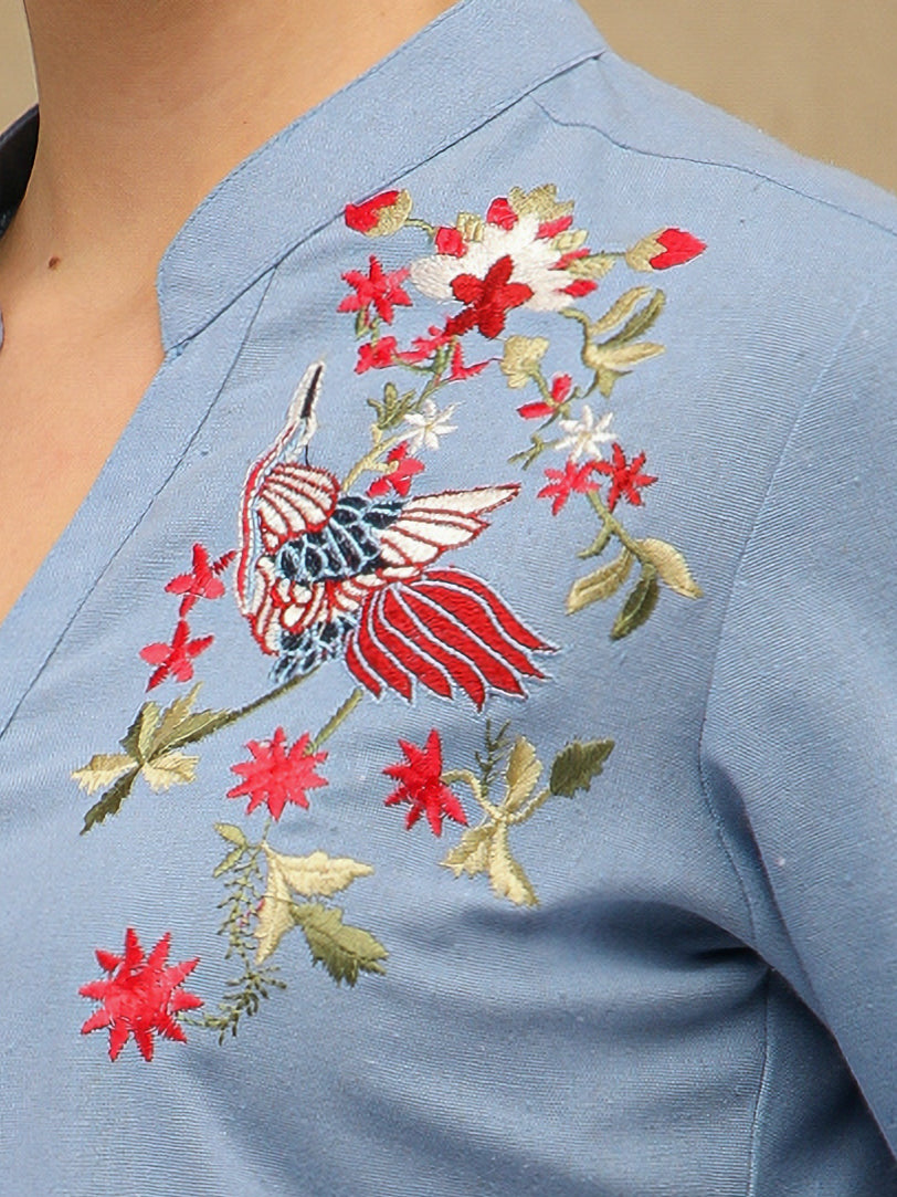 Linen Bird Embroidered Aqua Shirt