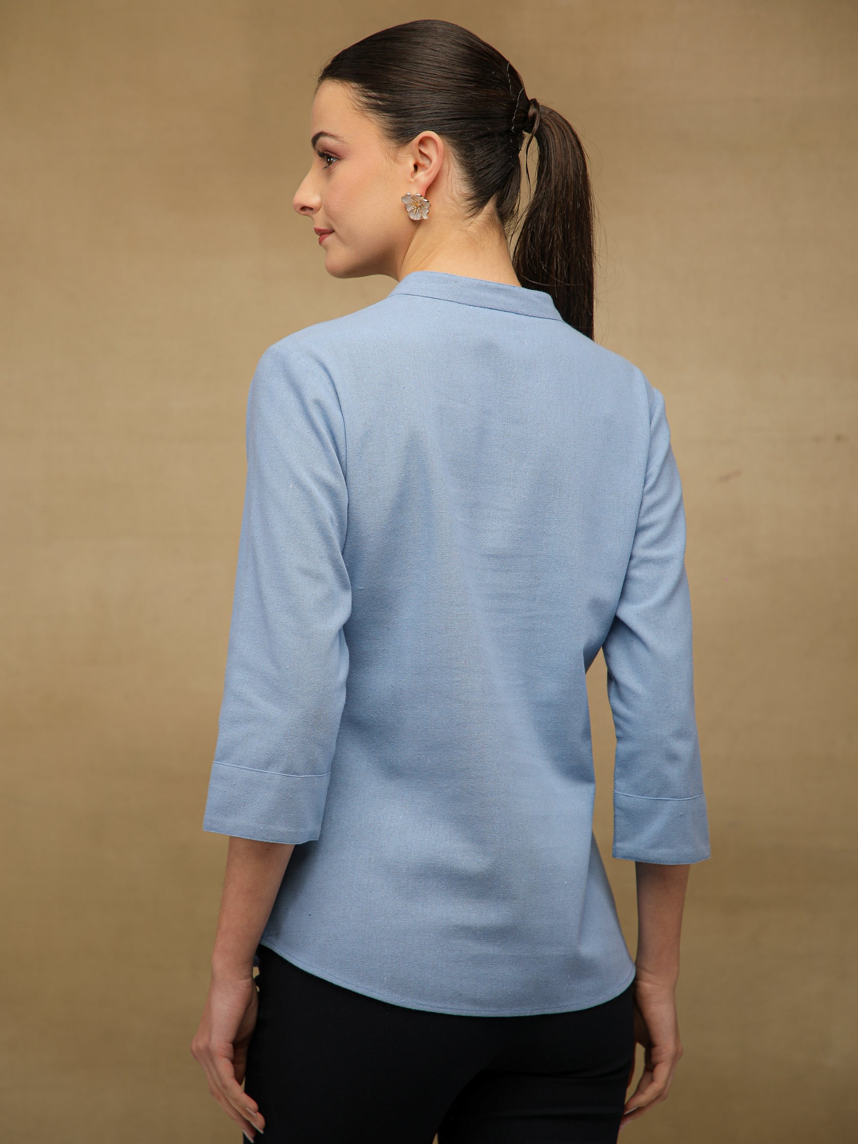 Linen Bird Embroidered Aqua Shirt