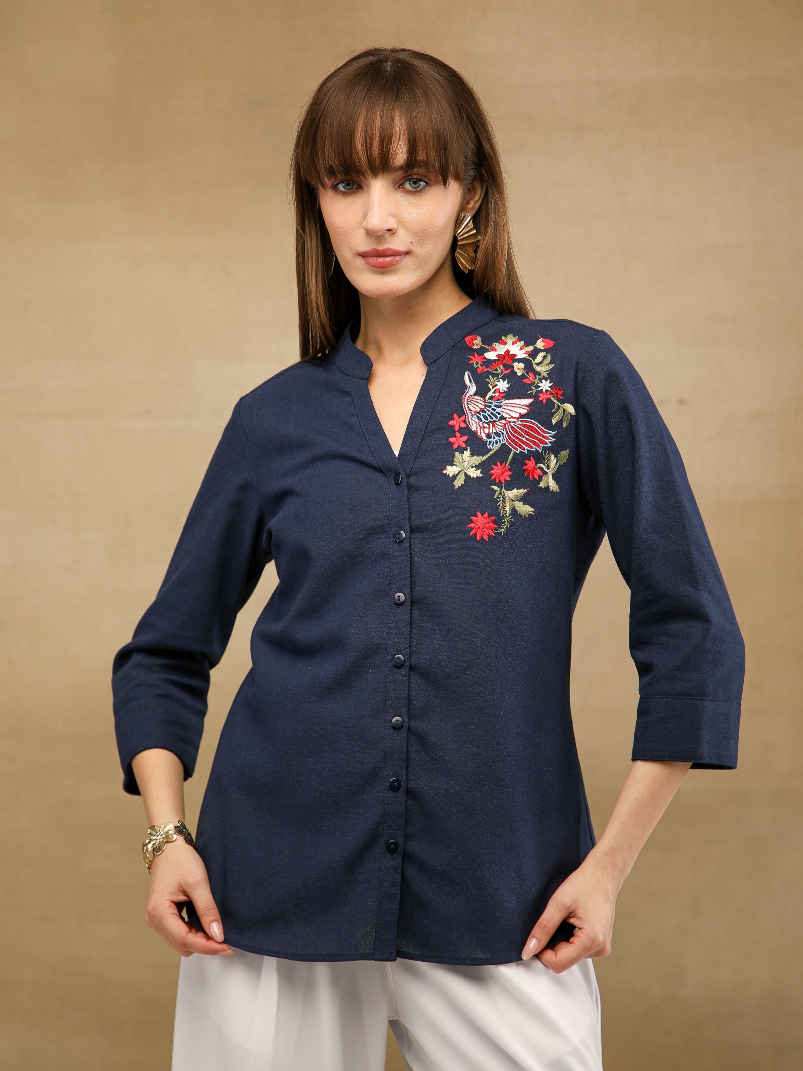 Linen Bird Embroidered Navy Shirt