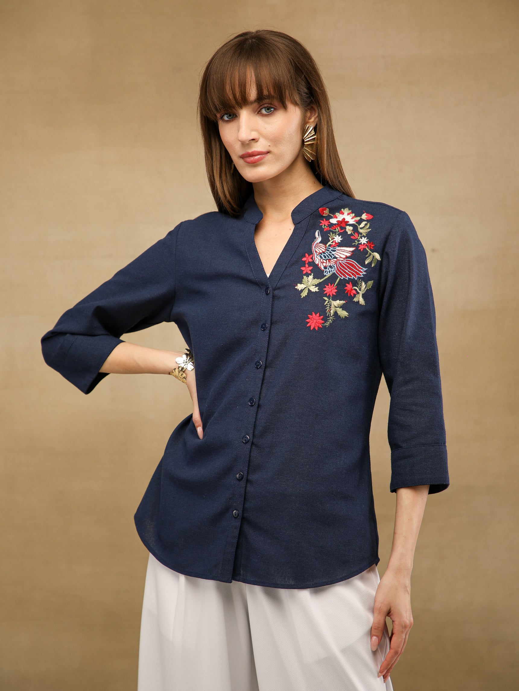 Linen Bird Embroidered Navy Shirt