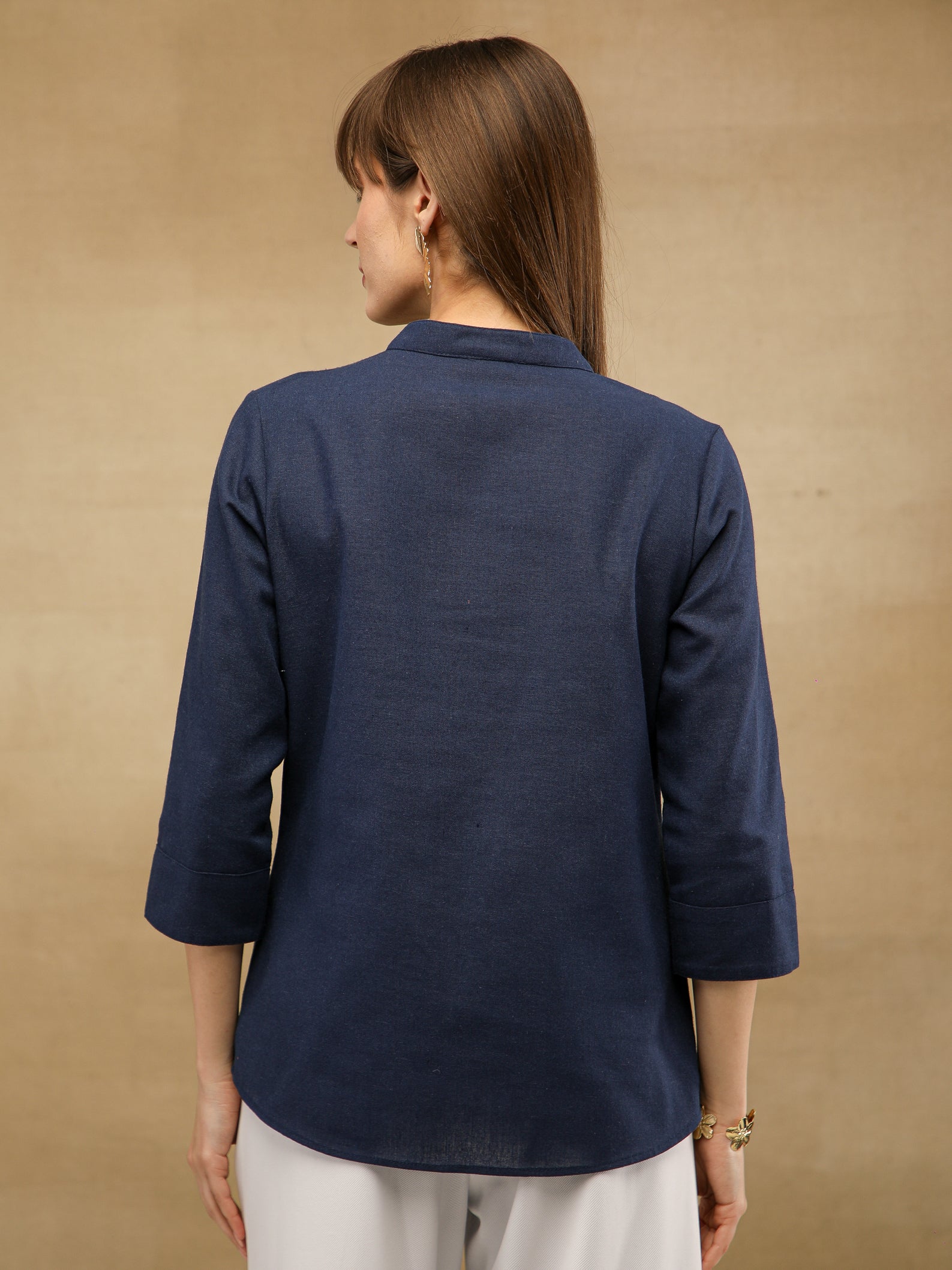 Linen Bird Embroidered Navy Shirt
