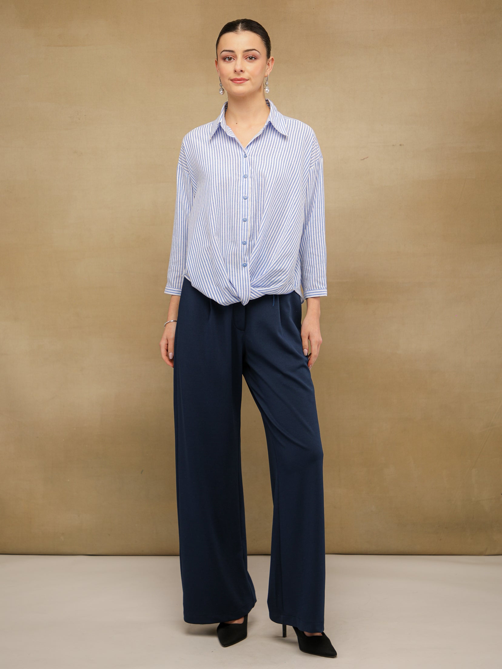 Gingham Front Knot Blue Shirt