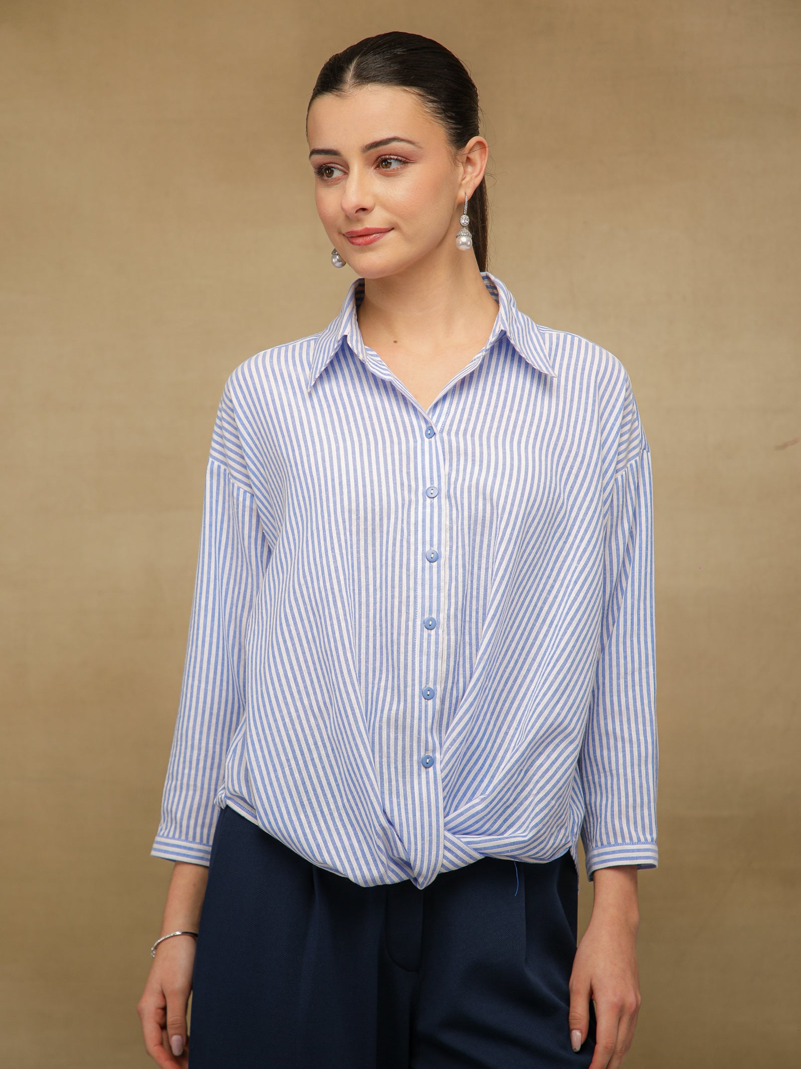 Gingham Front Knot Blue Shirt