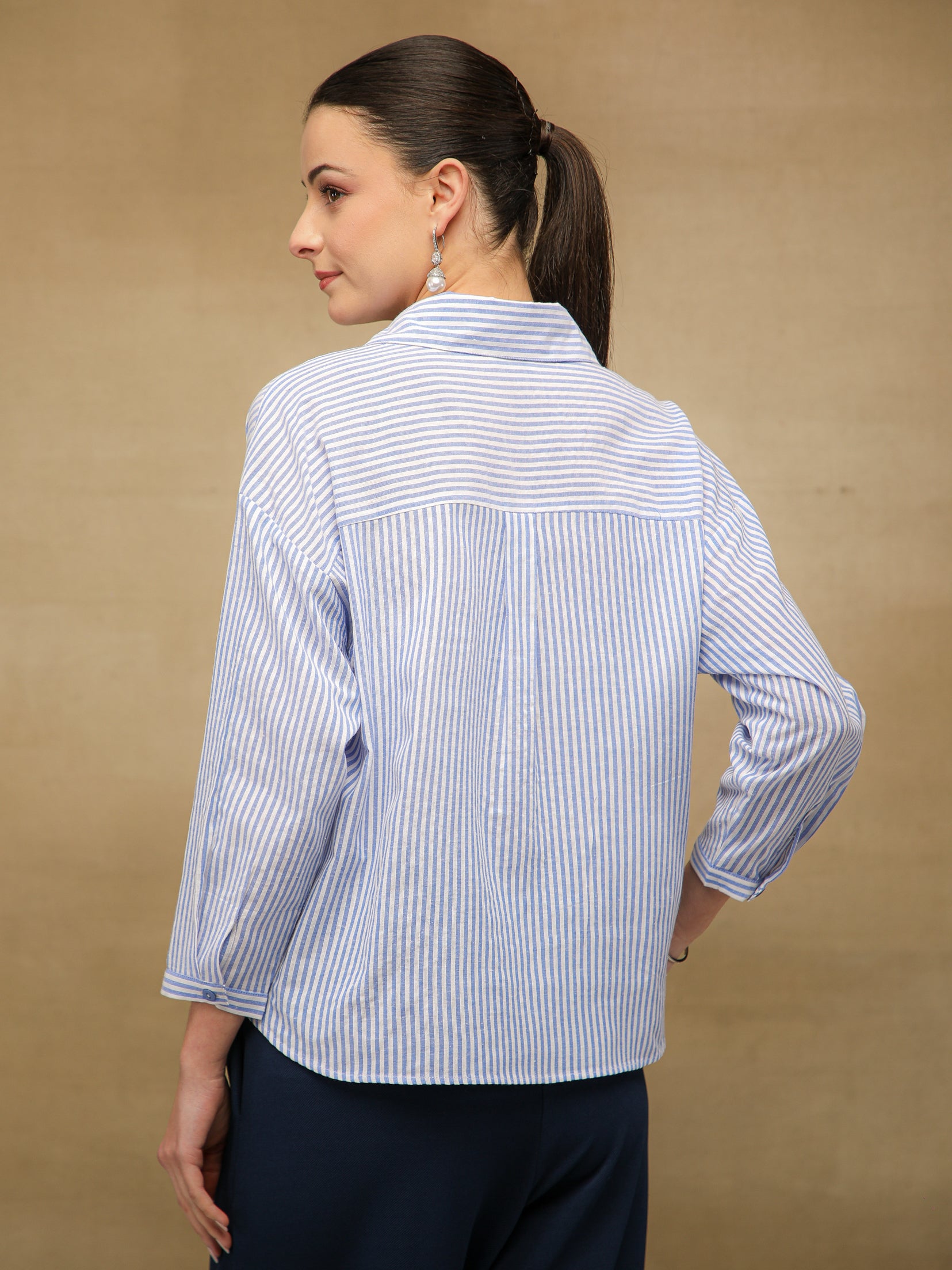 Gingham Front Knot Blue Shirt