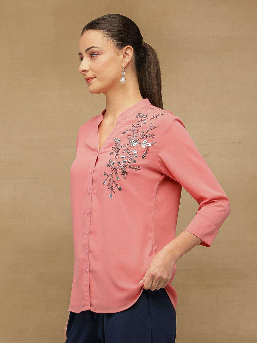 Fern Sequins Georgette Coral Shirt