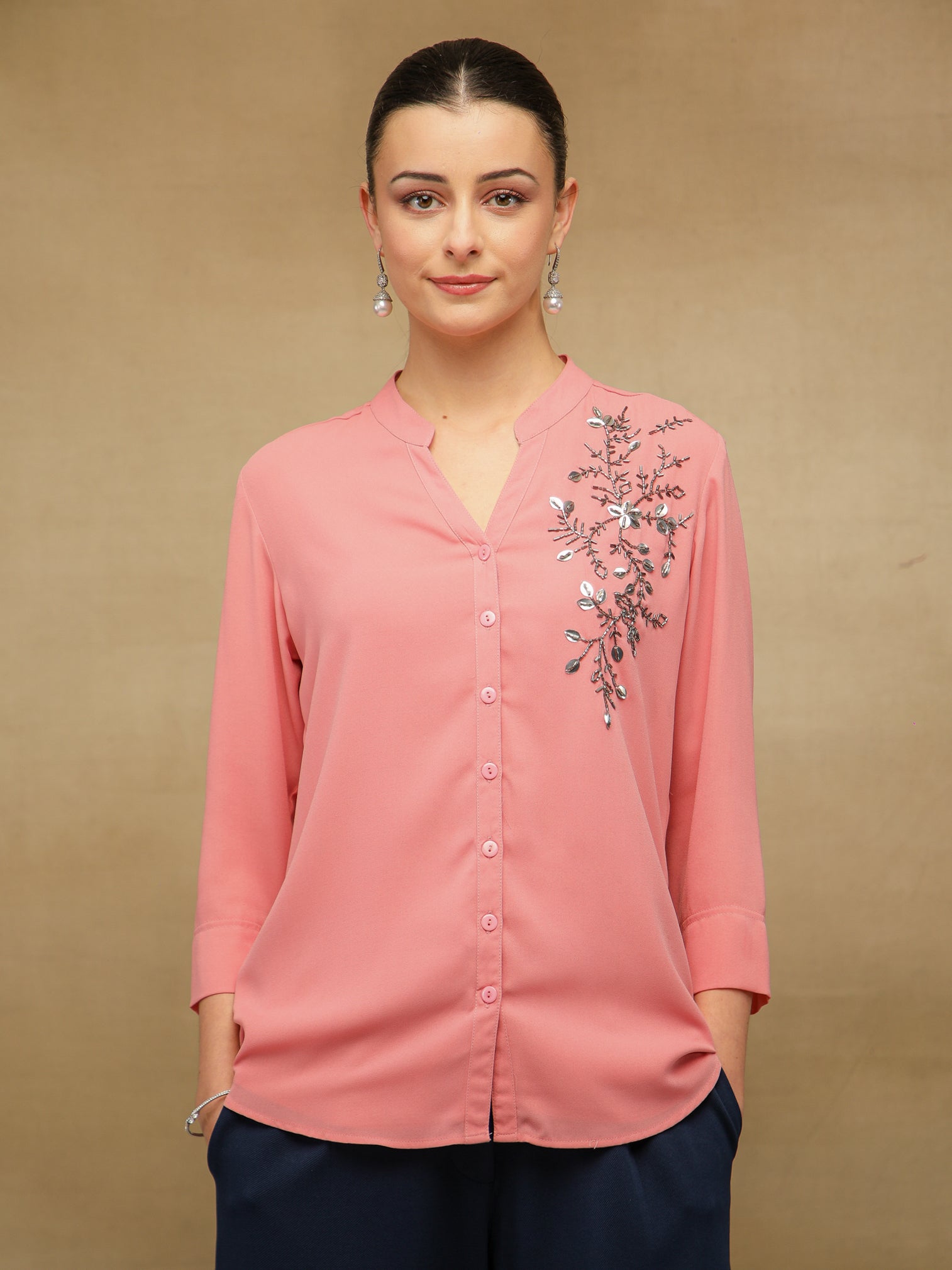 Fern Sequins Georgette Coral Shirt