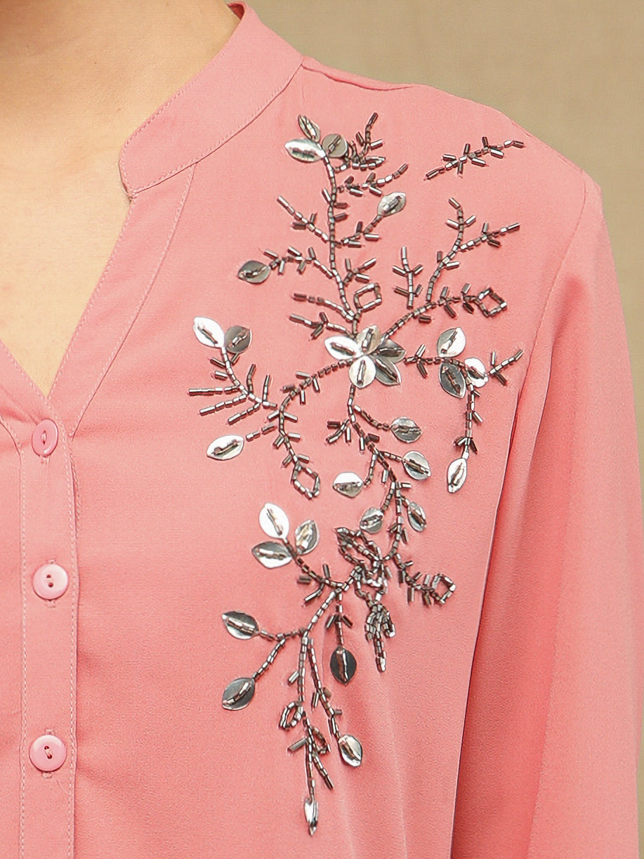 Fern Sequins Georgette Coral Shirt
