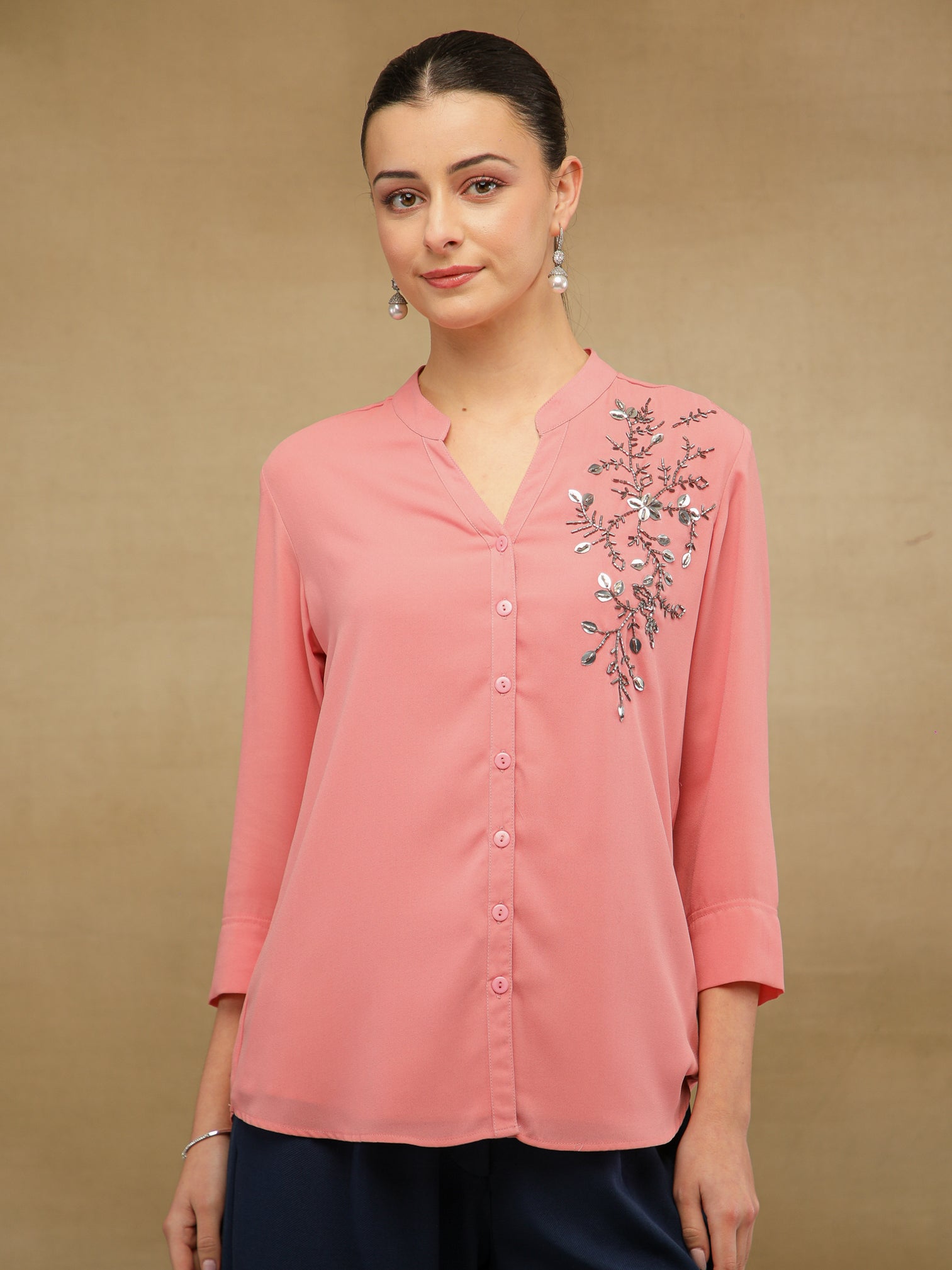Fern Sequins Georgette Coral Shirt