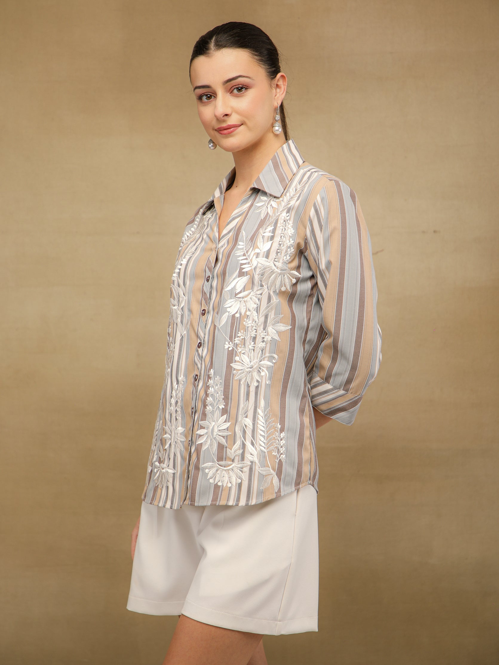 Embroidered Cotton Beige Stripe Shirt