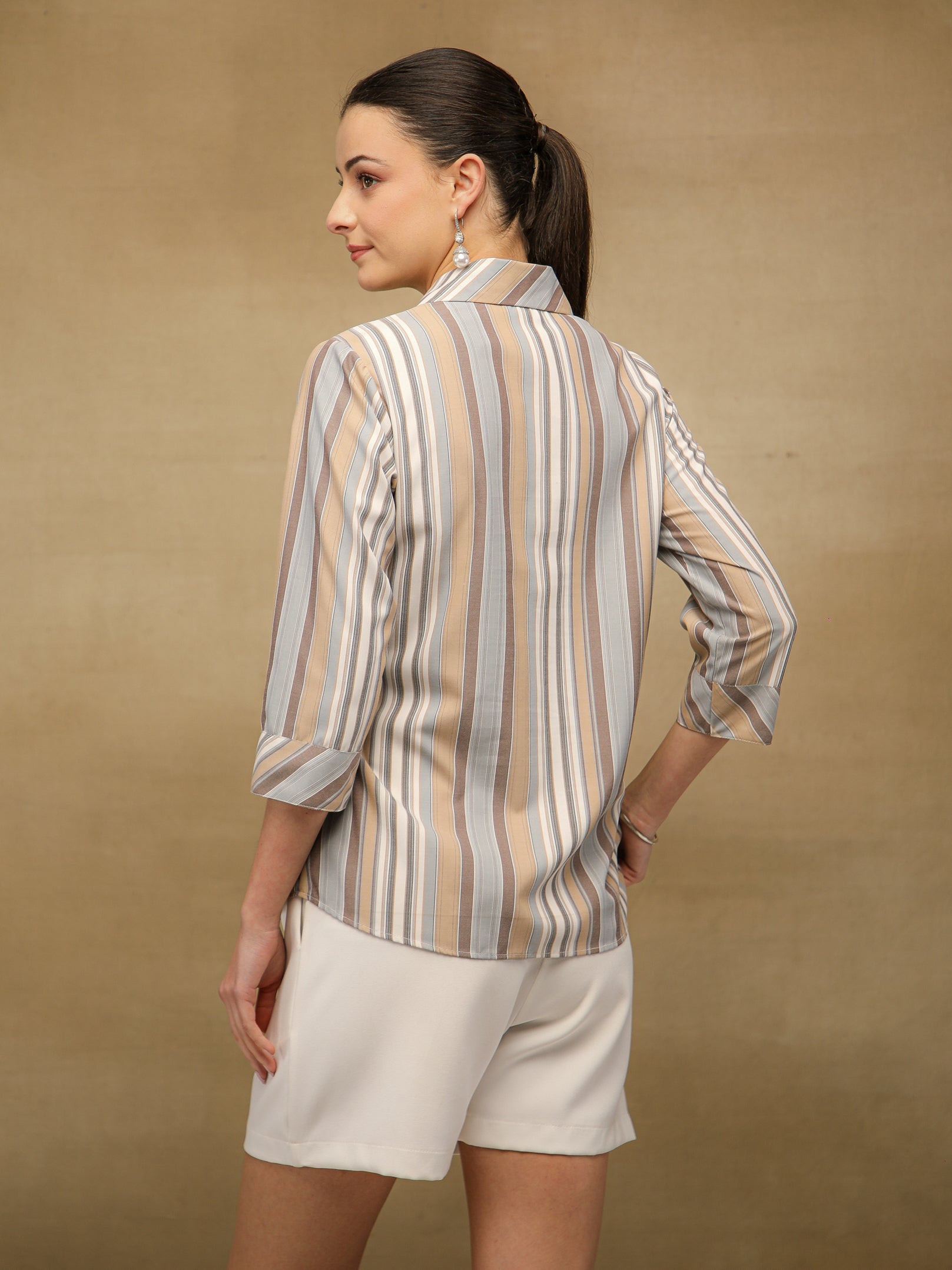 Embroidered Cotton Beige Stripe Shirt