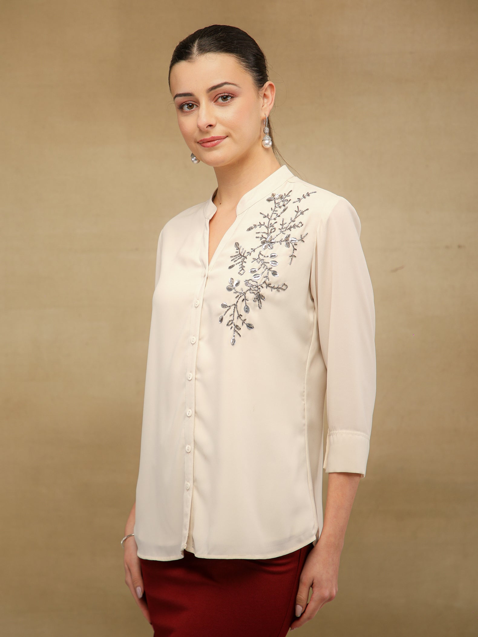 Fern Sequins Georgette White Shirt