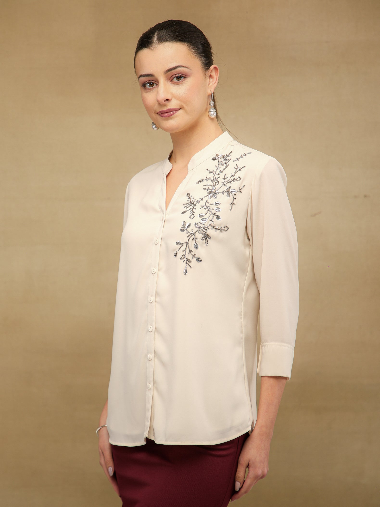Fern Sequins Georgette White Shirt