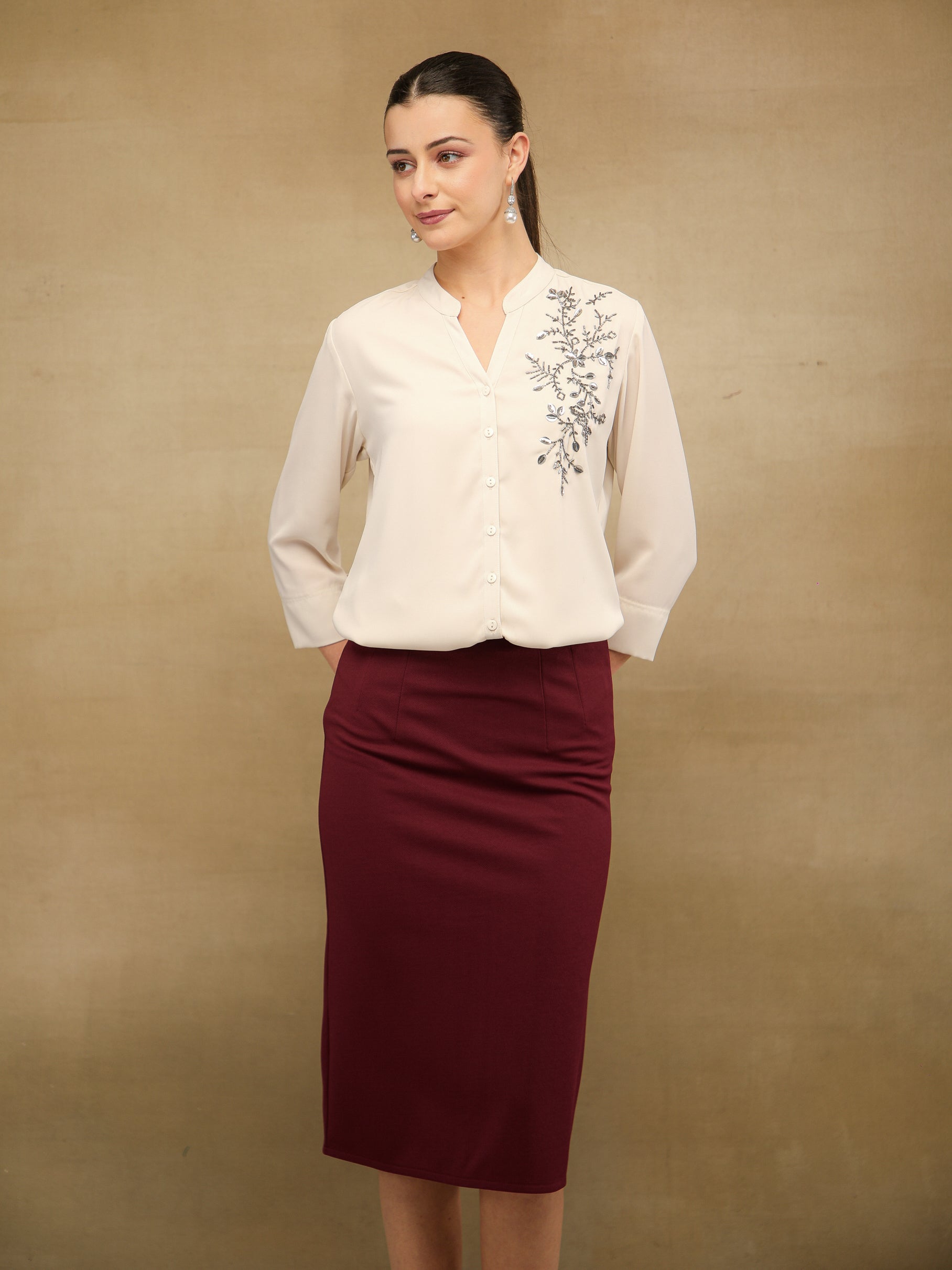 Fern Sequins Georgette White Shirt