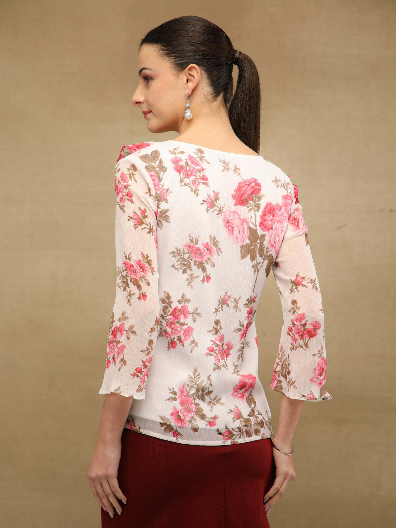 Front Frill Chiffon Crimson Top