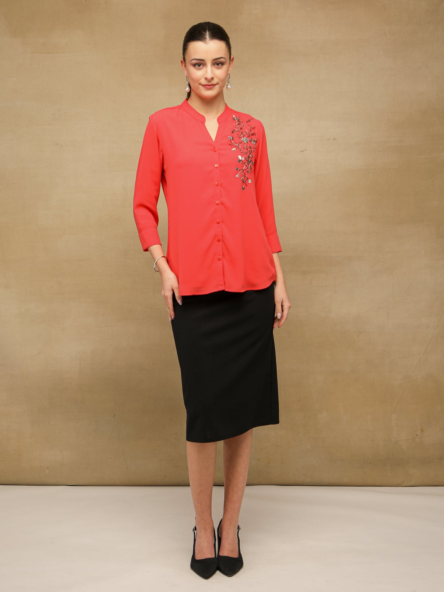 Fern Sequins Georgette Scarlet Shirt