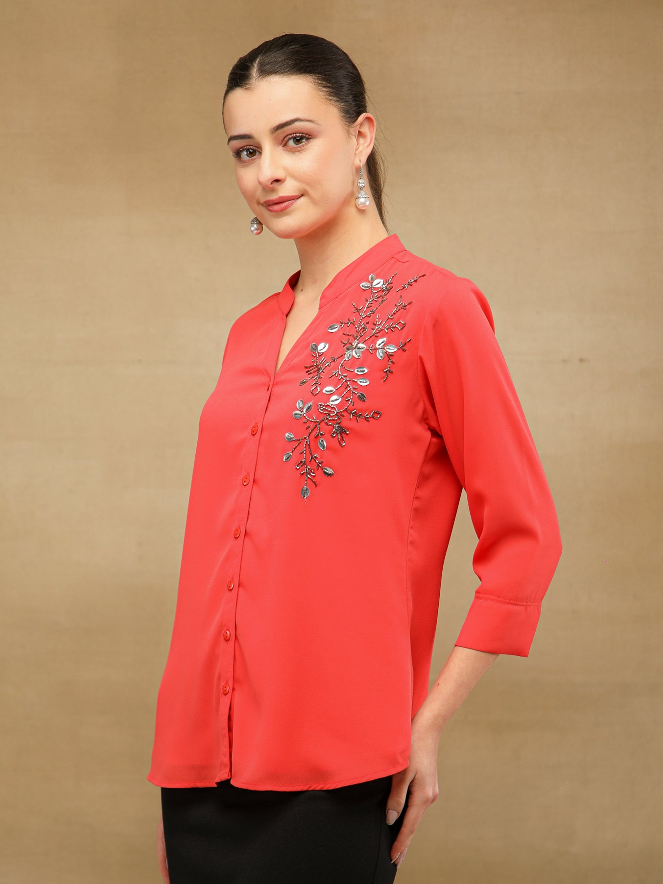 Fern Sequins Georgette Scarlet Shirt