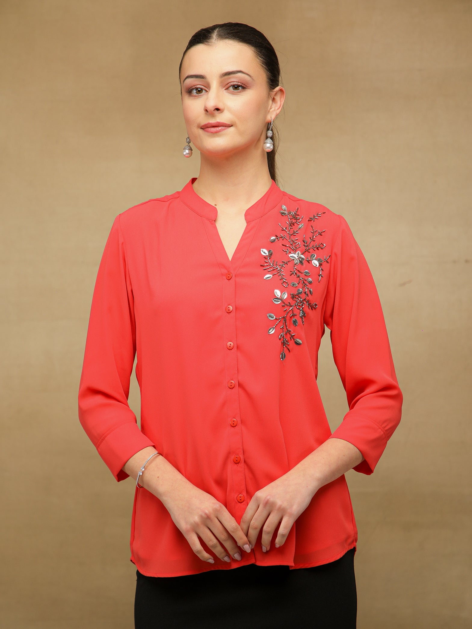 Fern Sequins Georgette Scarlet Shirt