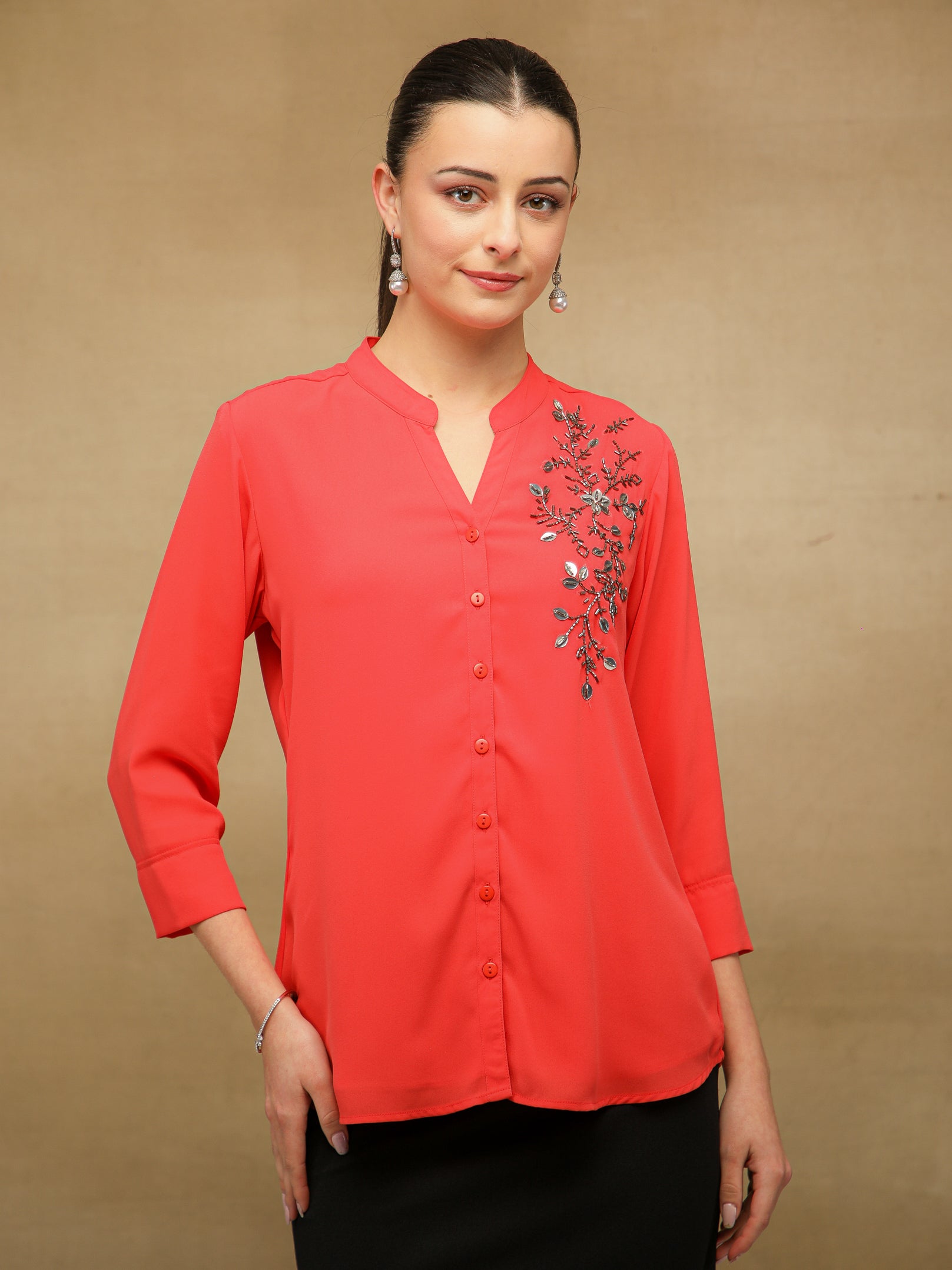 Fern Sequins Georgette Scarlet Shirt