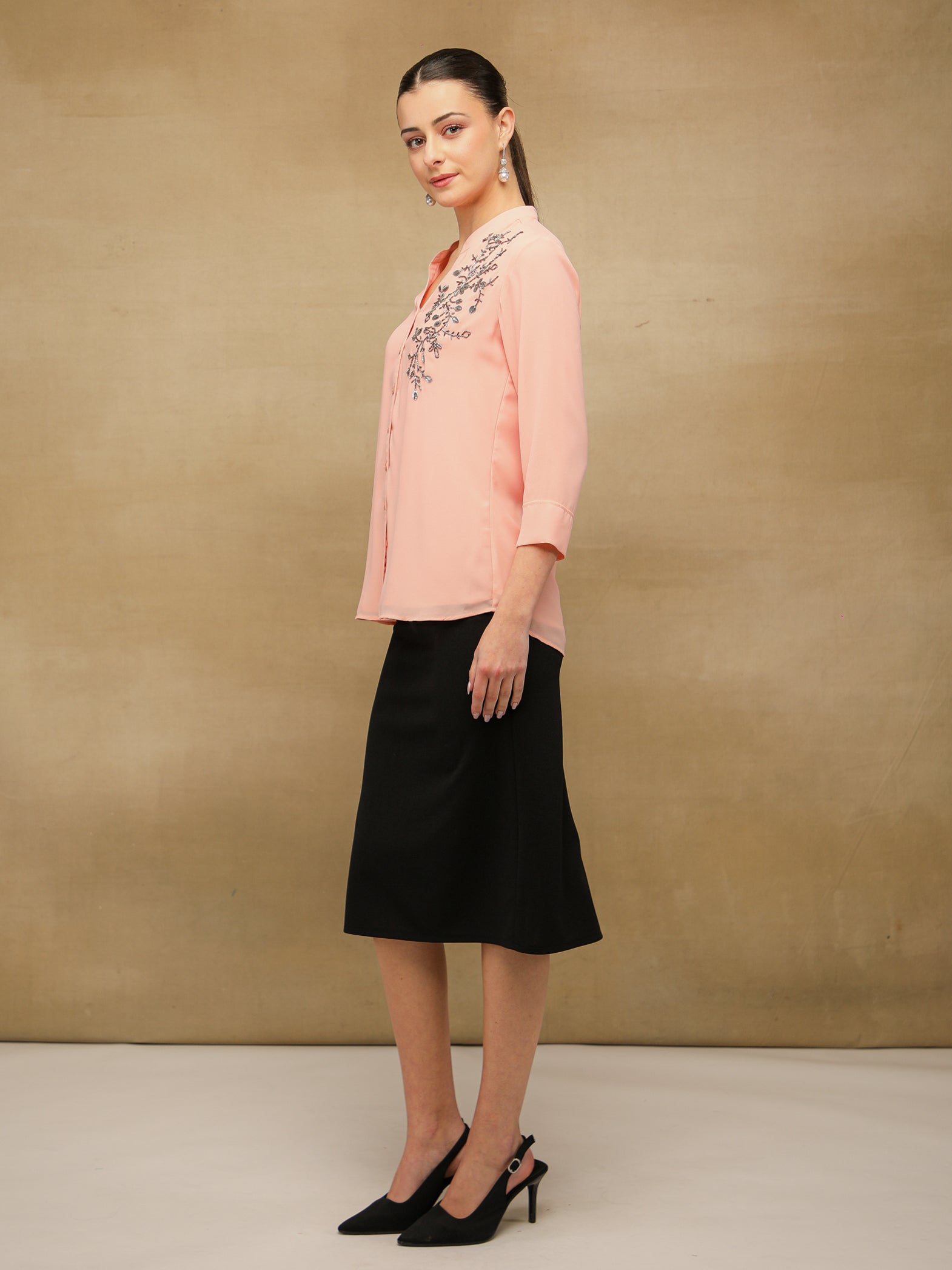 Fern Sequins Georgette Peach Shirt