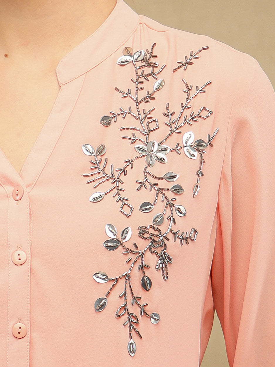 Fern Sequins Georgette Peach Shirt