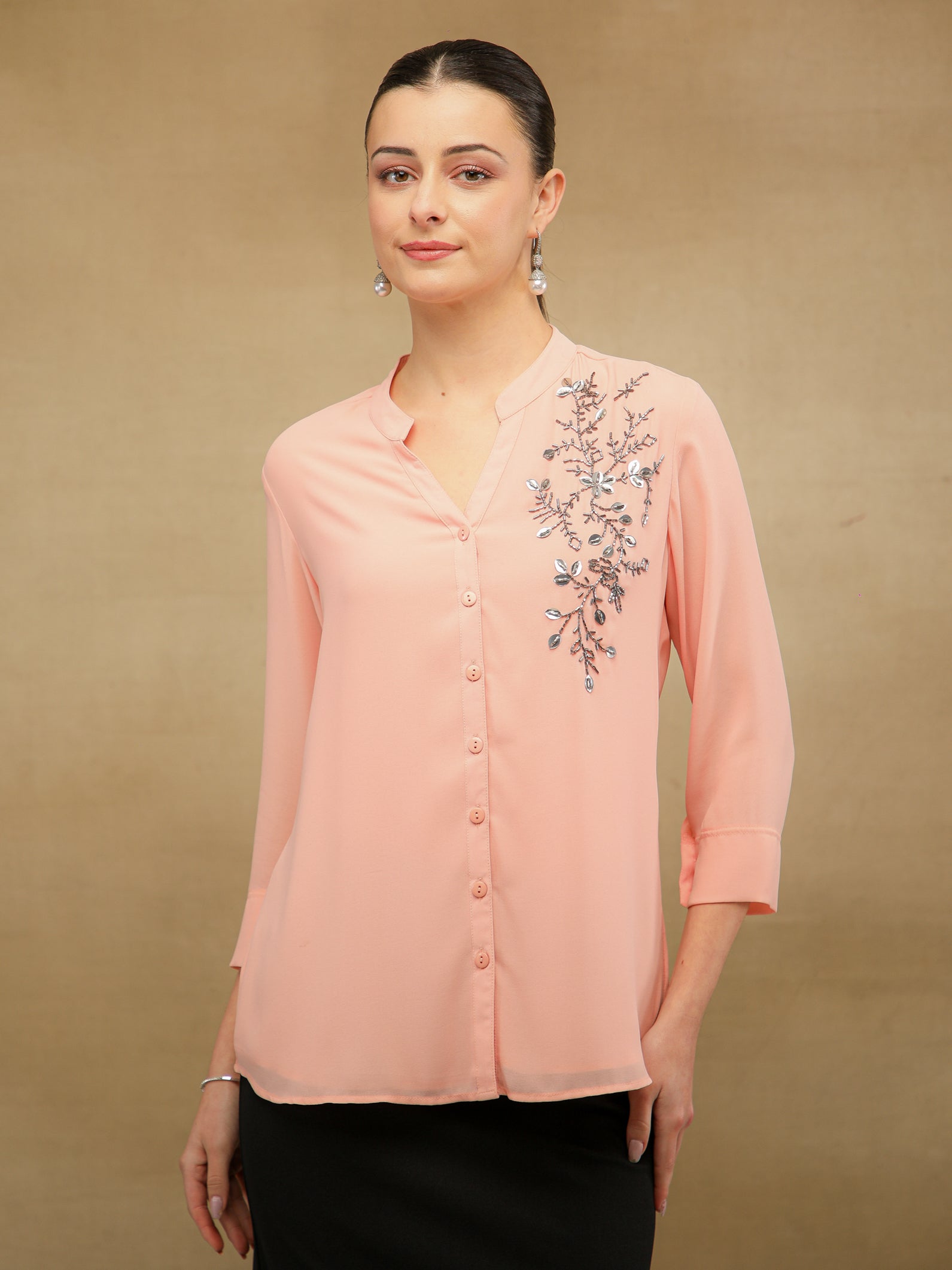 Fern Sequins Georgette Peach Shirt