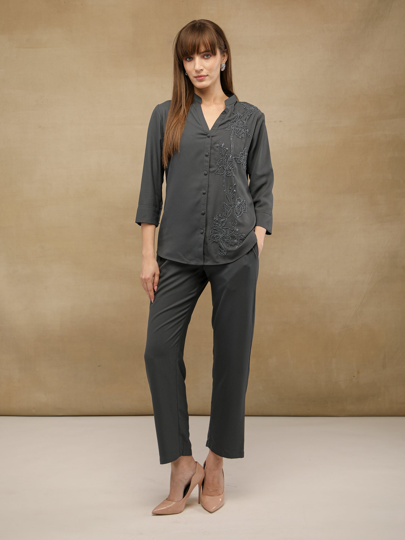 One-Side Embellished Grey Co-ord Set
