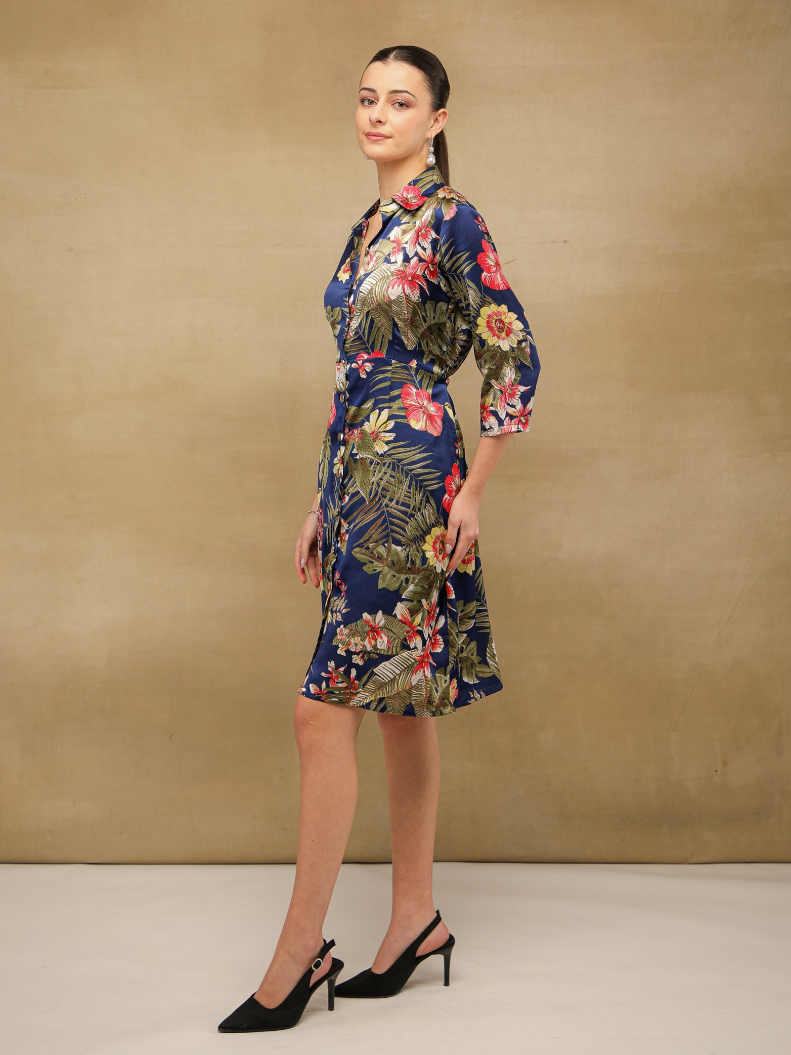 Palm Breeze Navy Midi Satin Dress