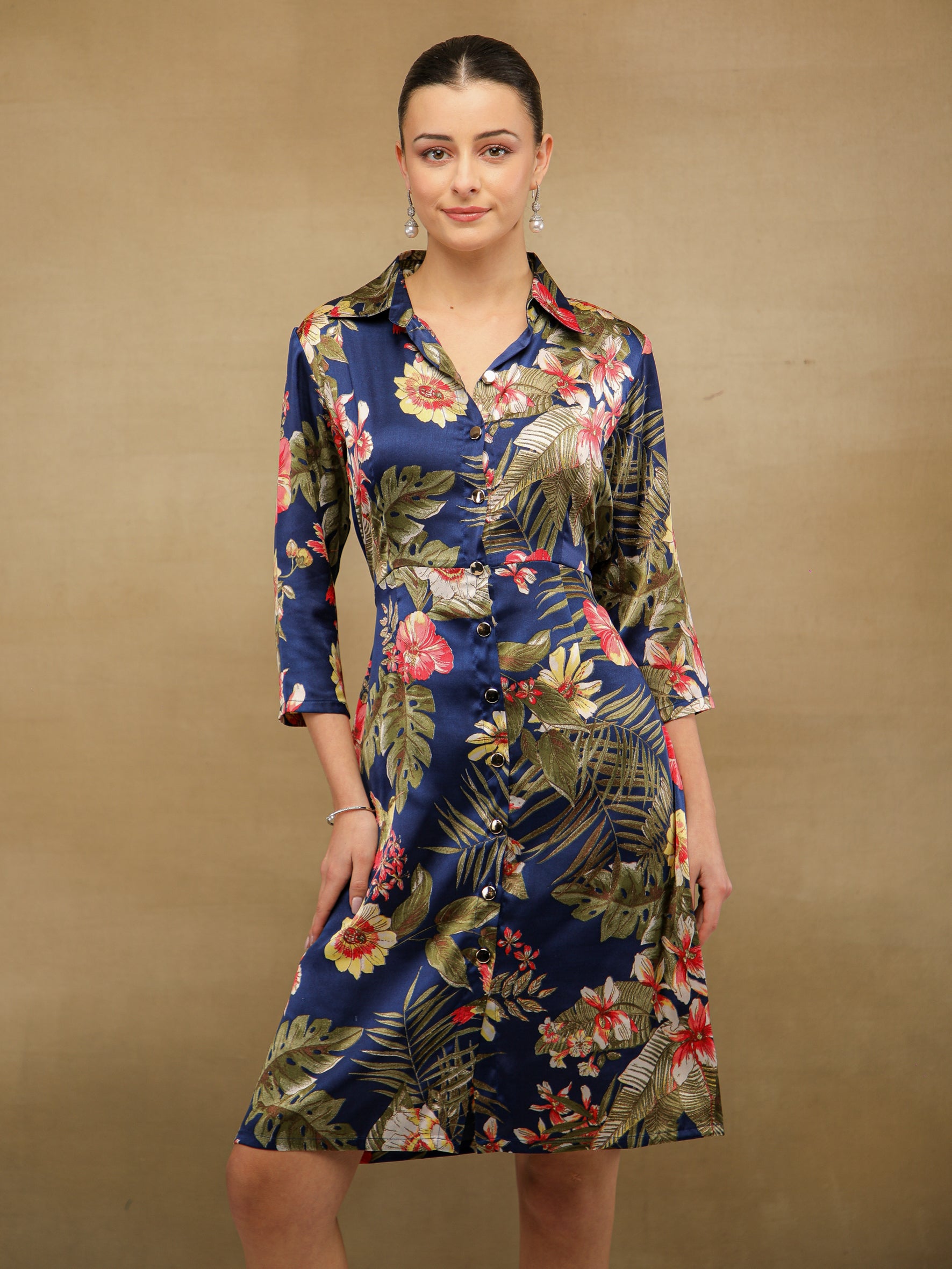Palm Breeze Navy Midi Satin Dress