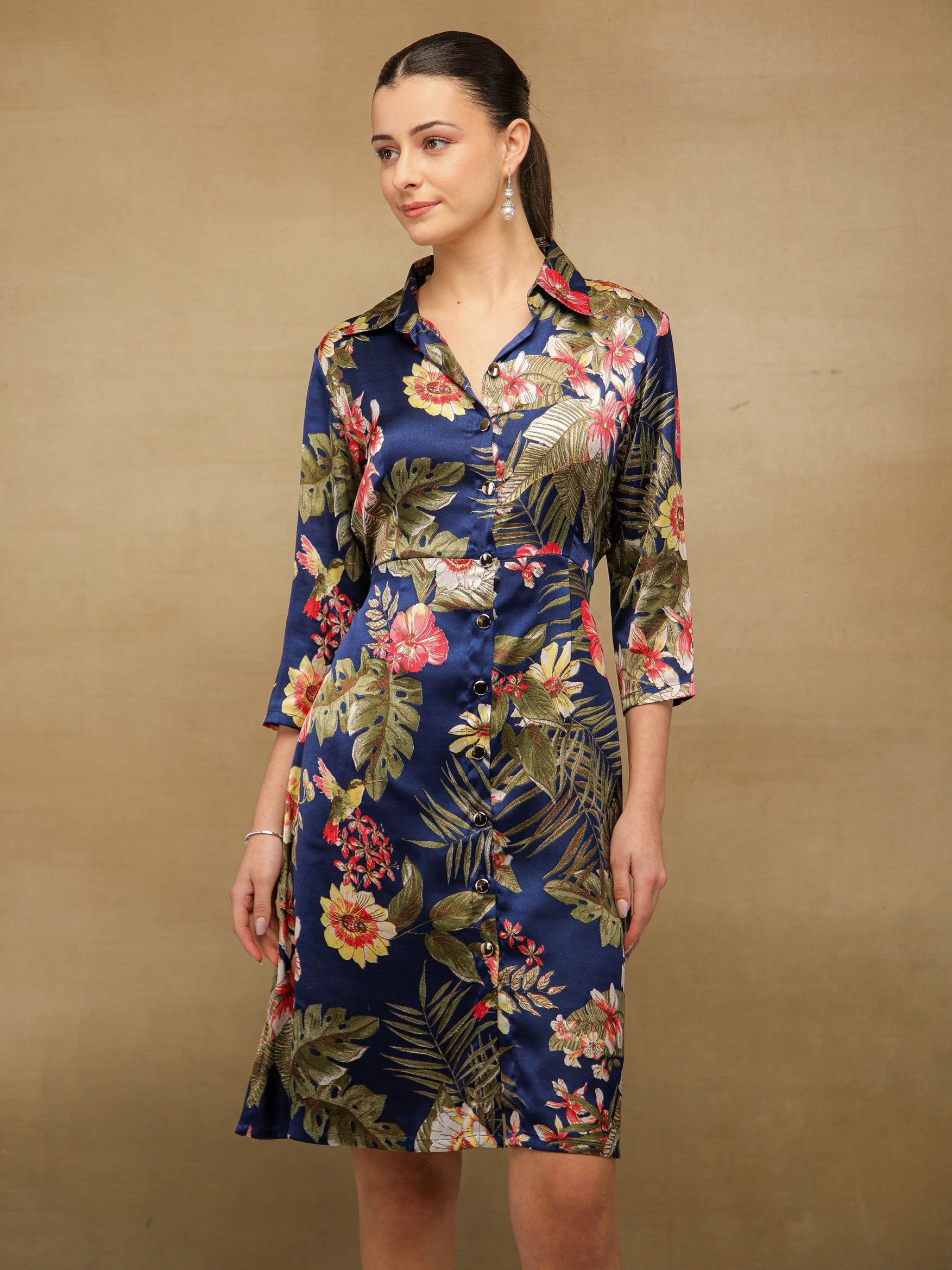 Palm Breeze Navy Midi Satin Dress