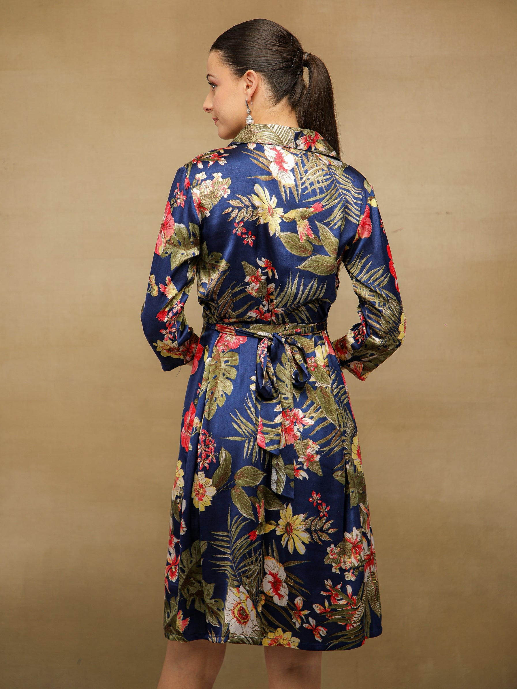 Palm Breeze Navy Midi Satin Dress